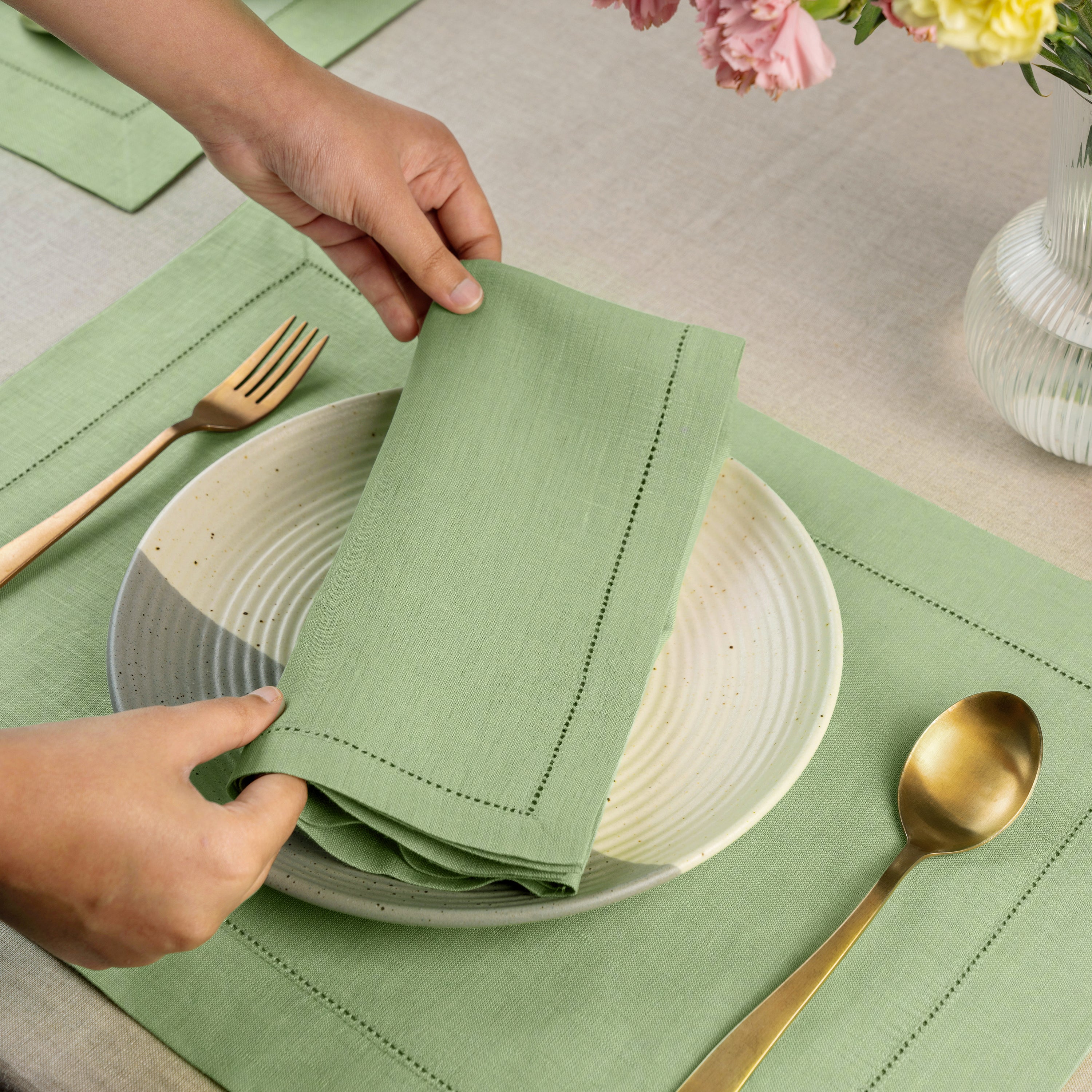 Sage Green Linen Napkins, Hemstitch, 20 x 20 inch, 4 pcs
