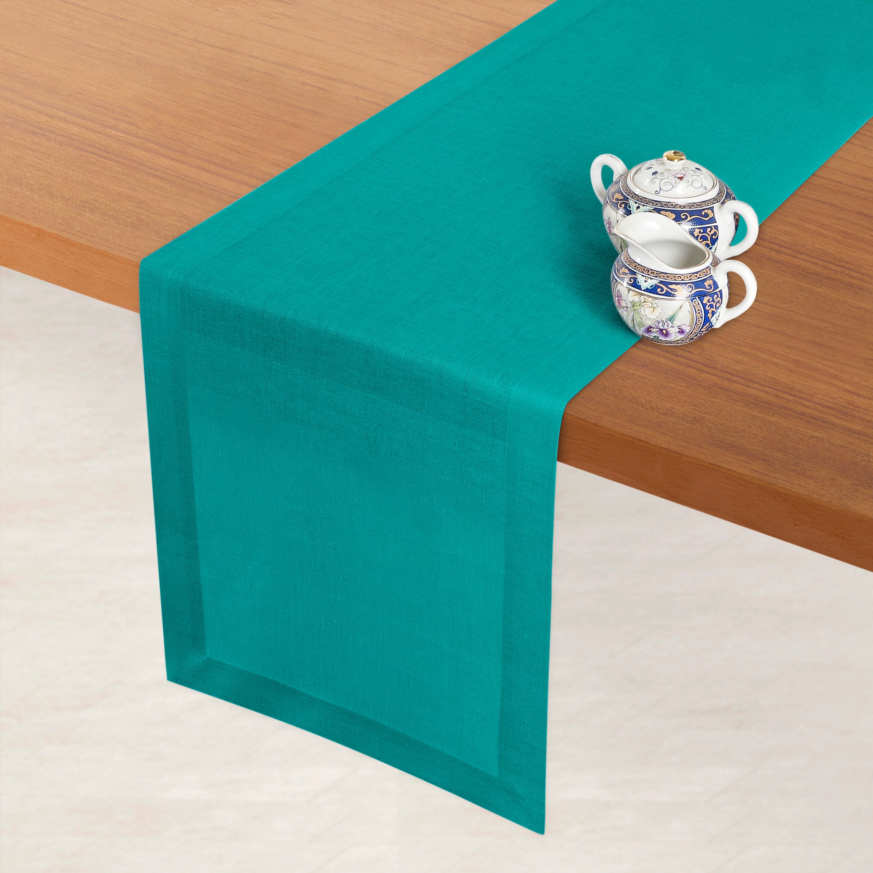 Teal Blue Linen Table Runner, Hemmed