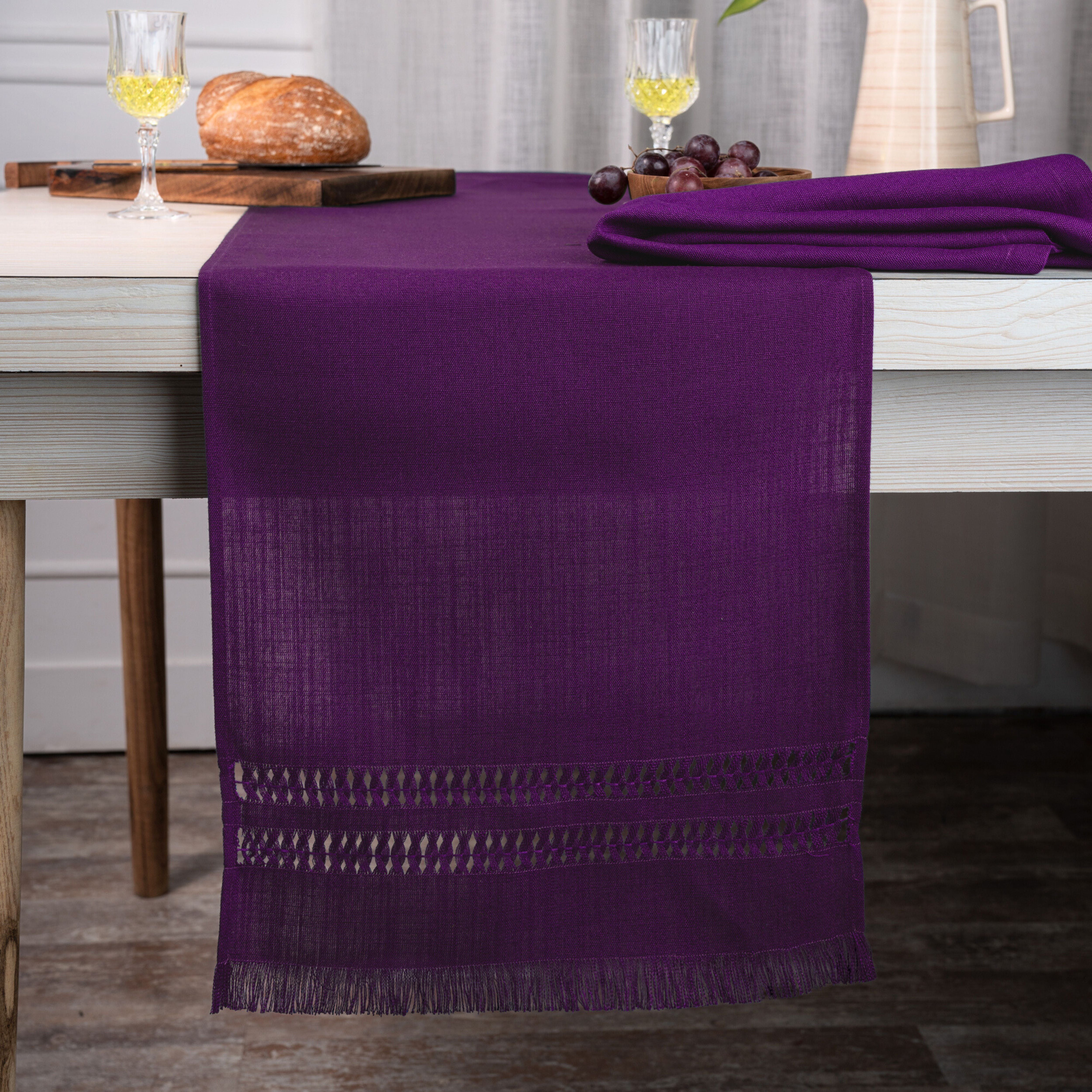 Purple Table Runner, Faux Linen, Hand Hemstitch