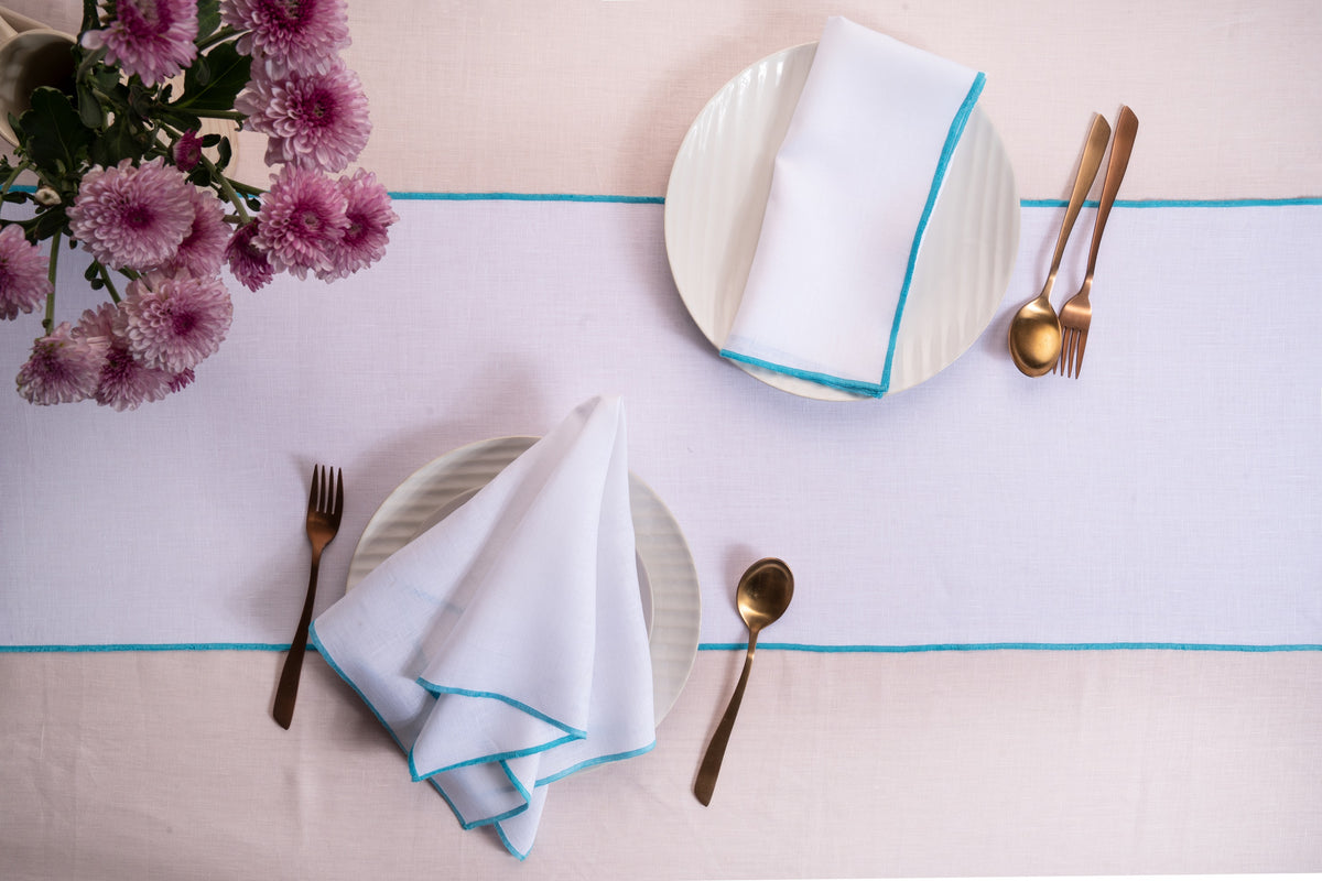 White & Blue Linen Table Runner- Marrow Edge