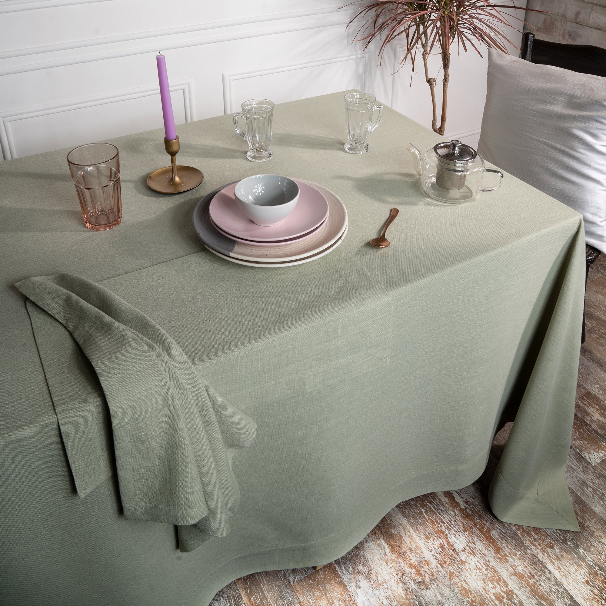 Sage Green Tablecloth, Faux Linen, Mitered Corner