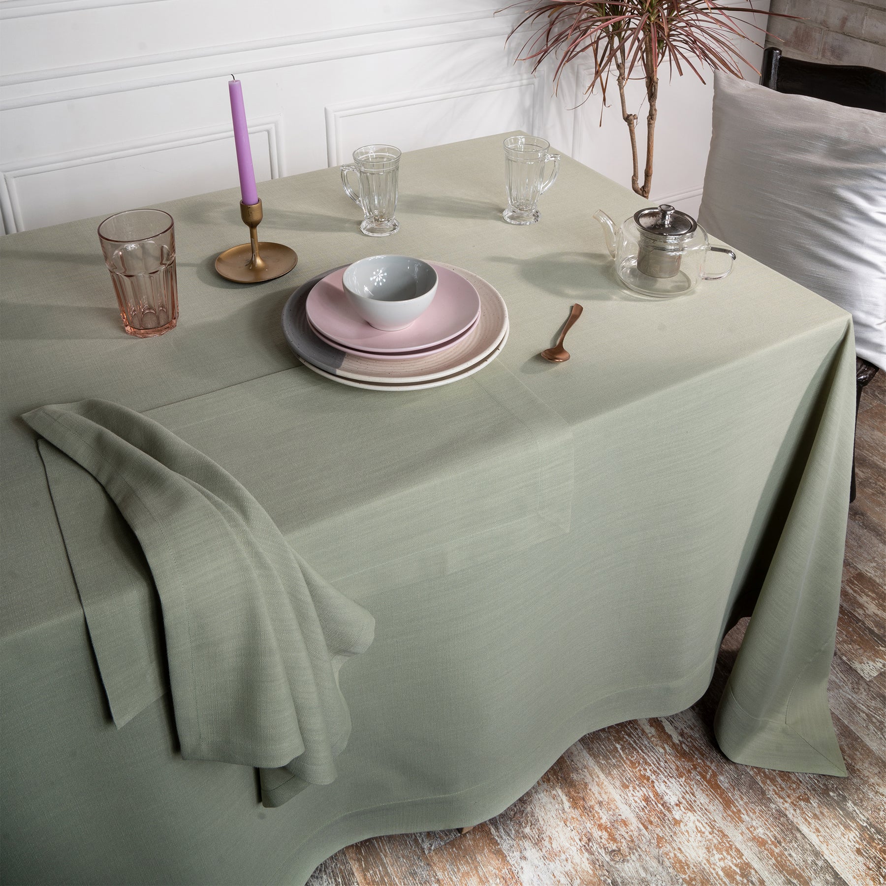 Sage Green Faux Linen Tablecloth - Mitered Corner