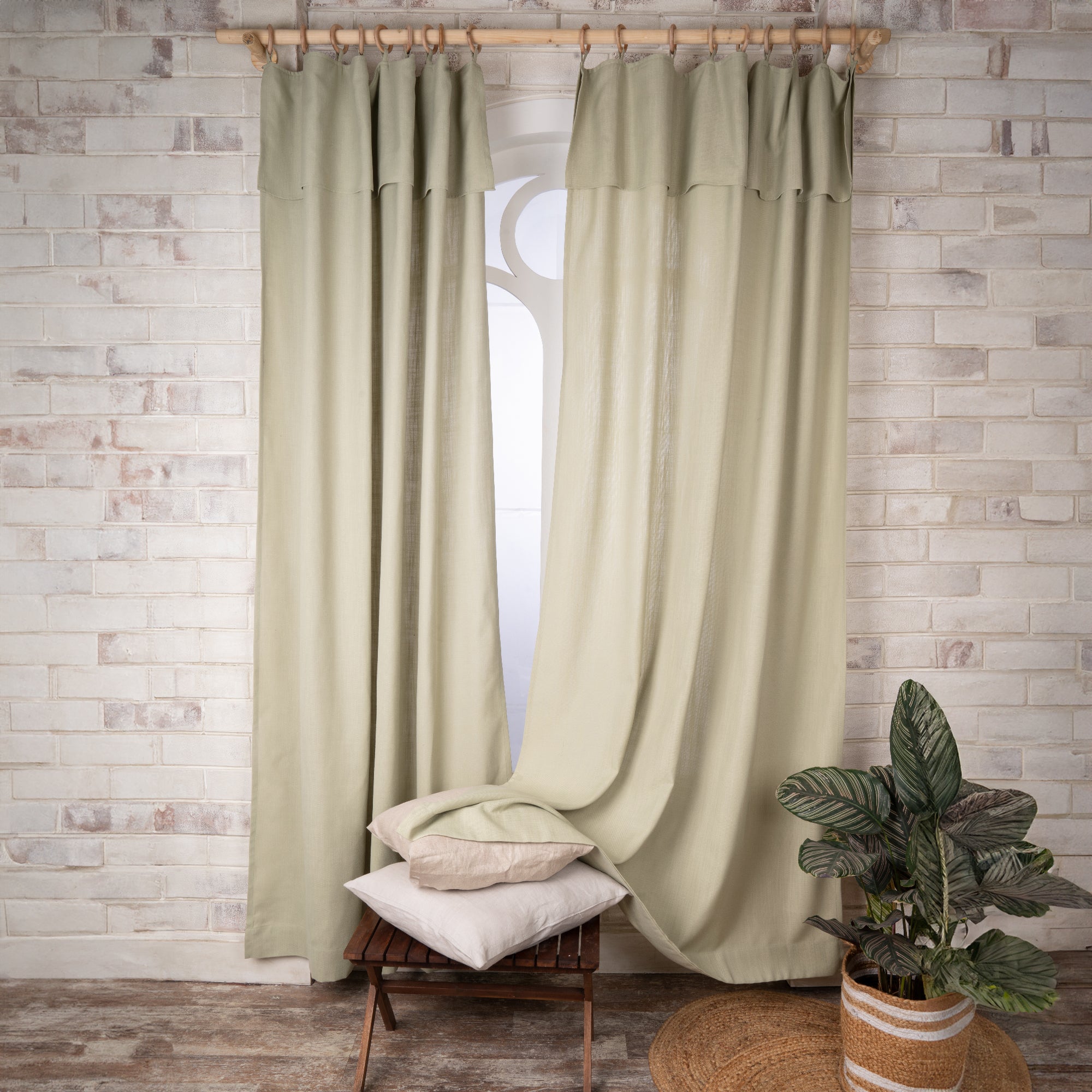 Sage Green Faux Linen Frill Curtain