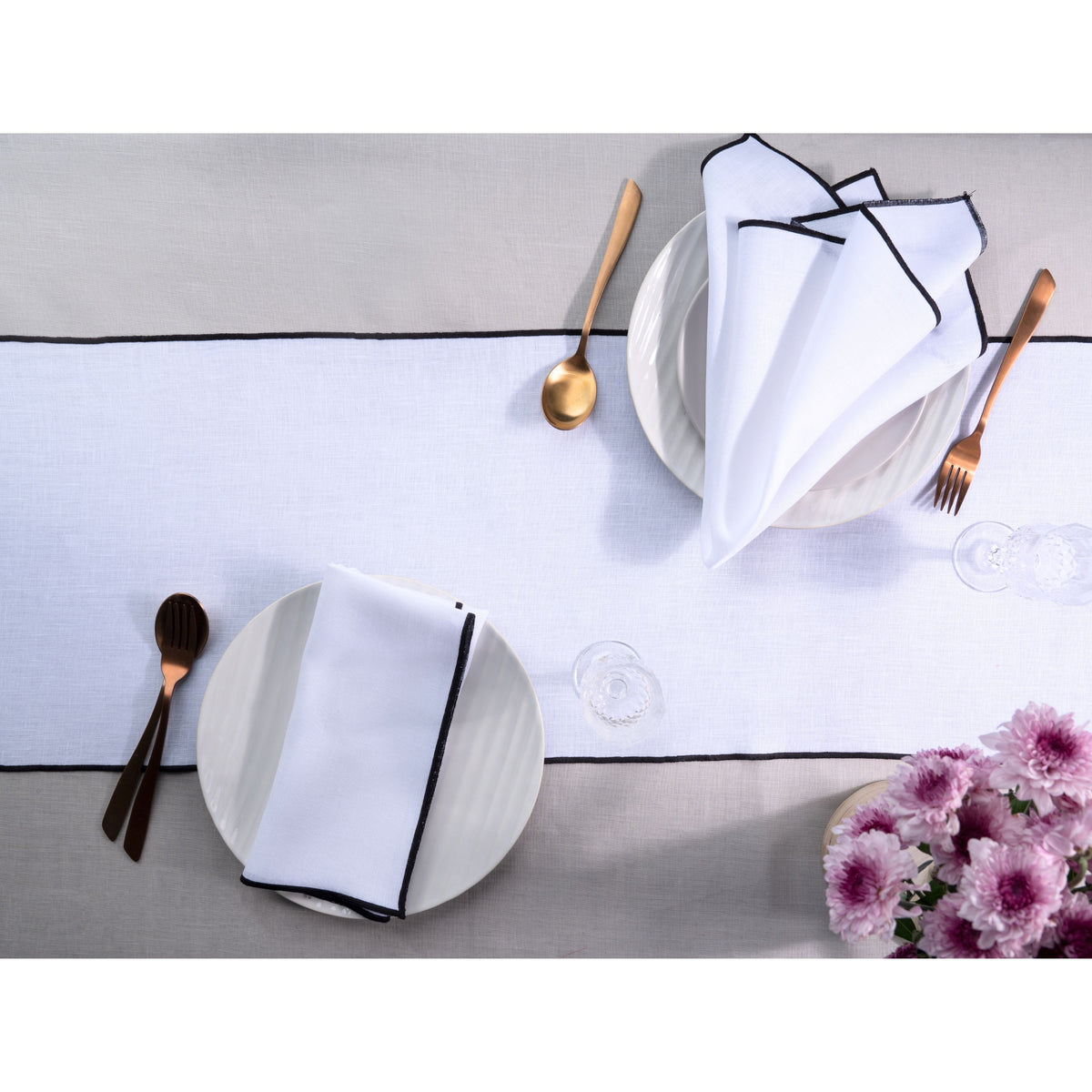 White & Black Linen Table Runner- Marrow Edge