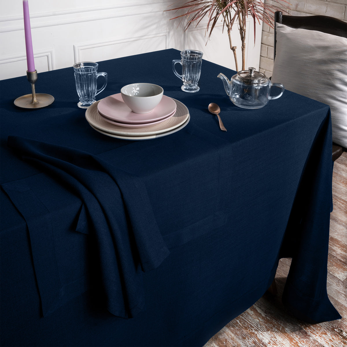 Navy Blue Faux Linen Tablecloth - Mitered Corner
