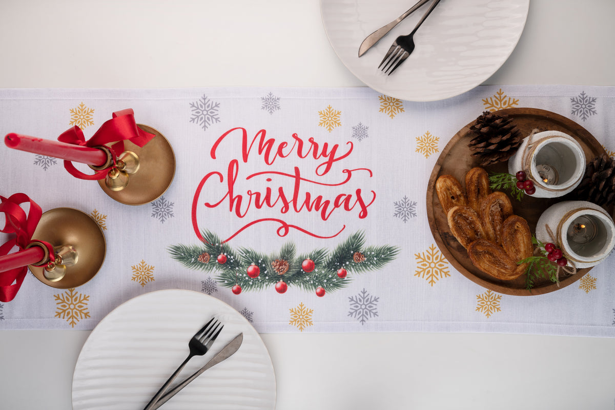 Reindeer & Pine Tree Raw Silk Textured Table Runner - Christmas Print