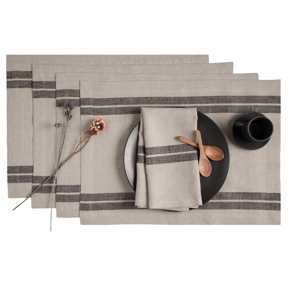Natural & Black French Stripe Linen Placemats