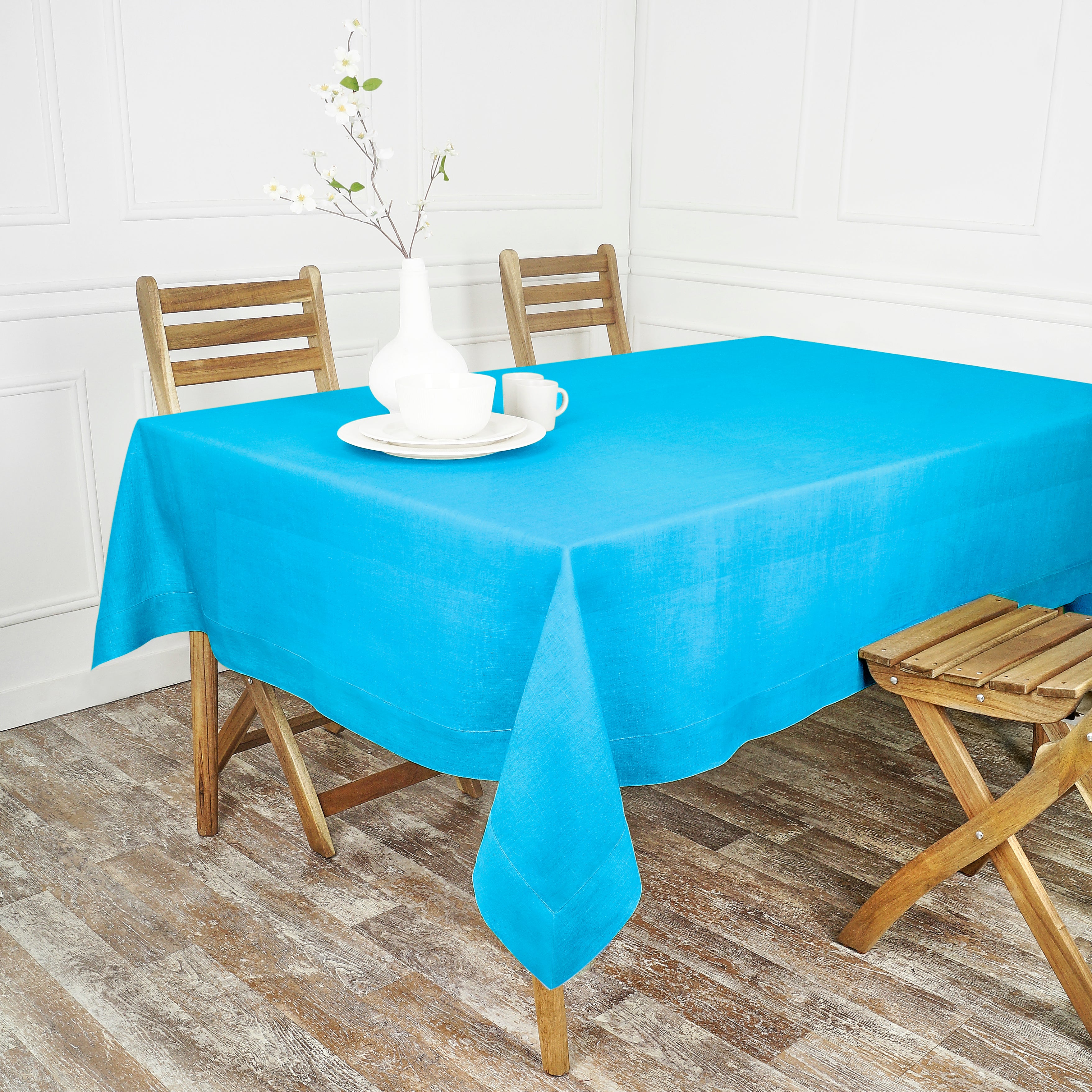 Cyan Blue Linen Tablecloth, Hemmed