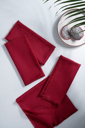Red Linen Look Recycled Fabric Fringe Dinner Napkins