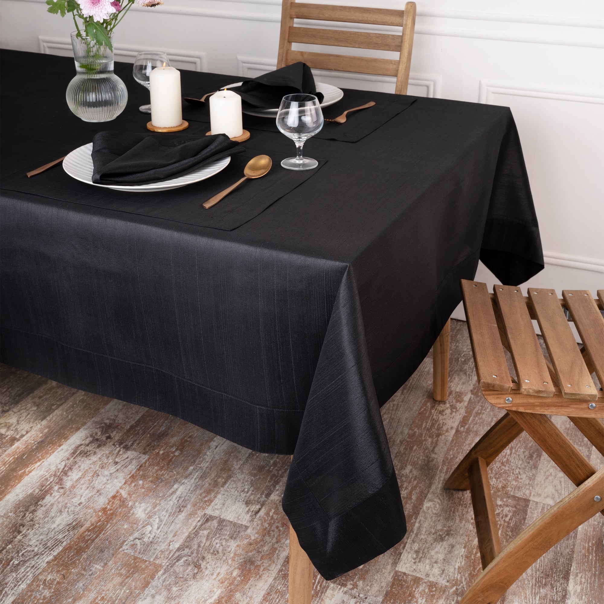 Black Vegan Silk Tablecloth, Mitered Corner