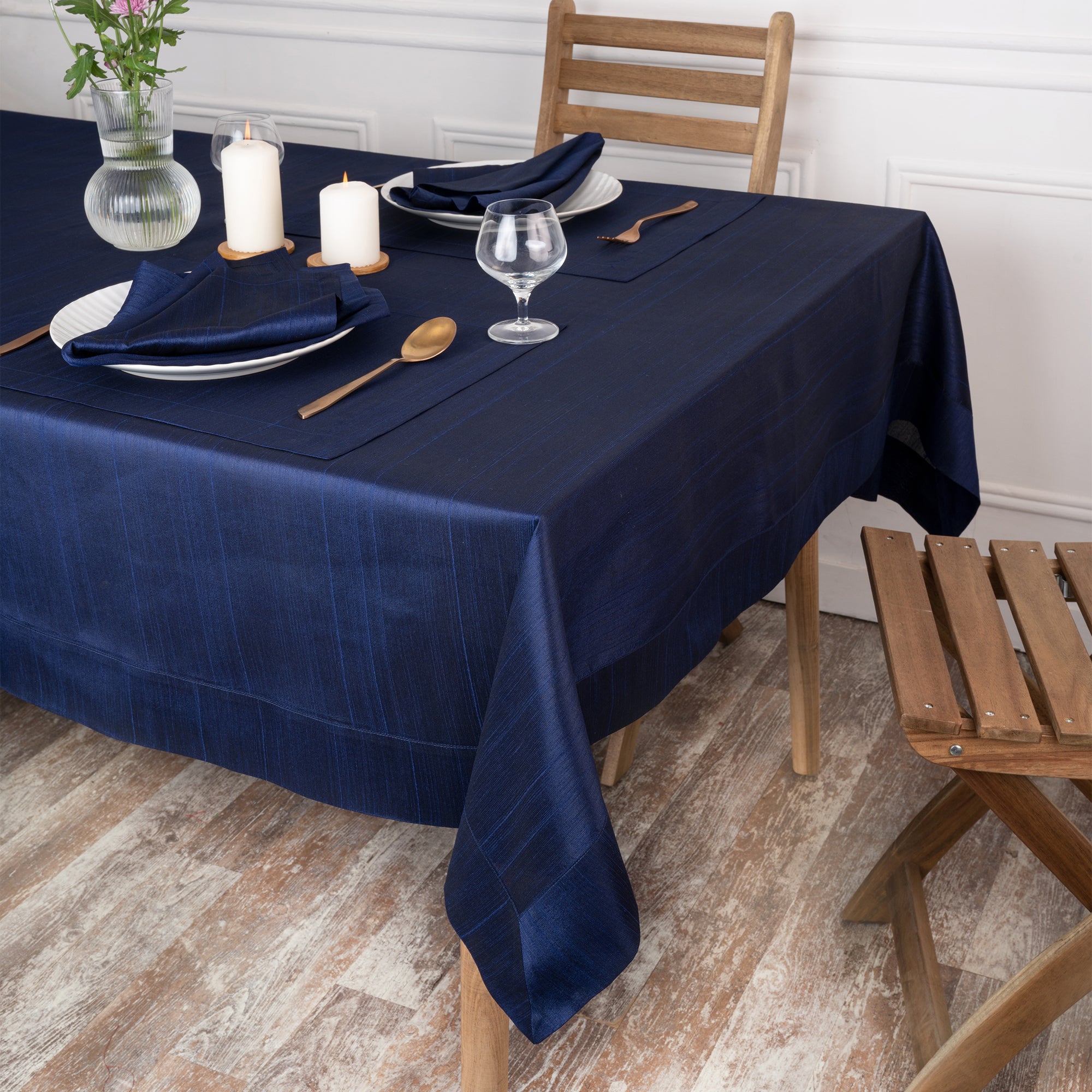 Navy Blue Vegan Silk Tablecloth, Mitered Corner