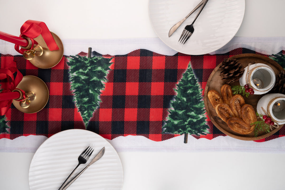 Christmas Print Gnomes Plaid Recycled Fabric Table Runner