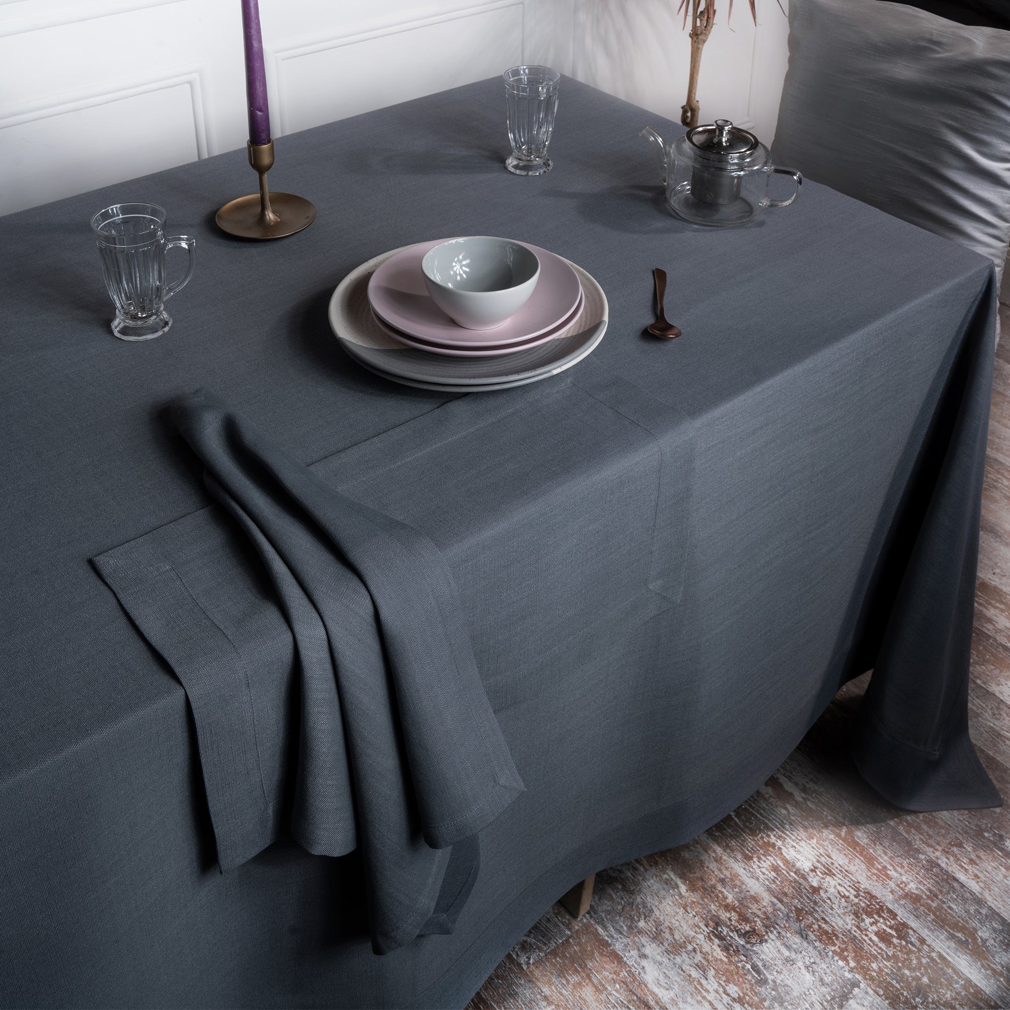 Charcoal Grey Tablecloth, Faux Linen, Mitered Corner