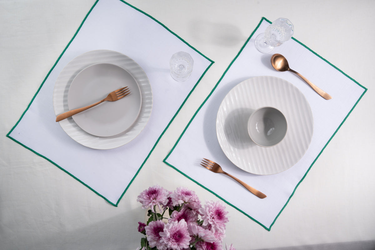 White & Green Linen Placemats 14 x 19 Inch Set of 4 - Marrow Edge