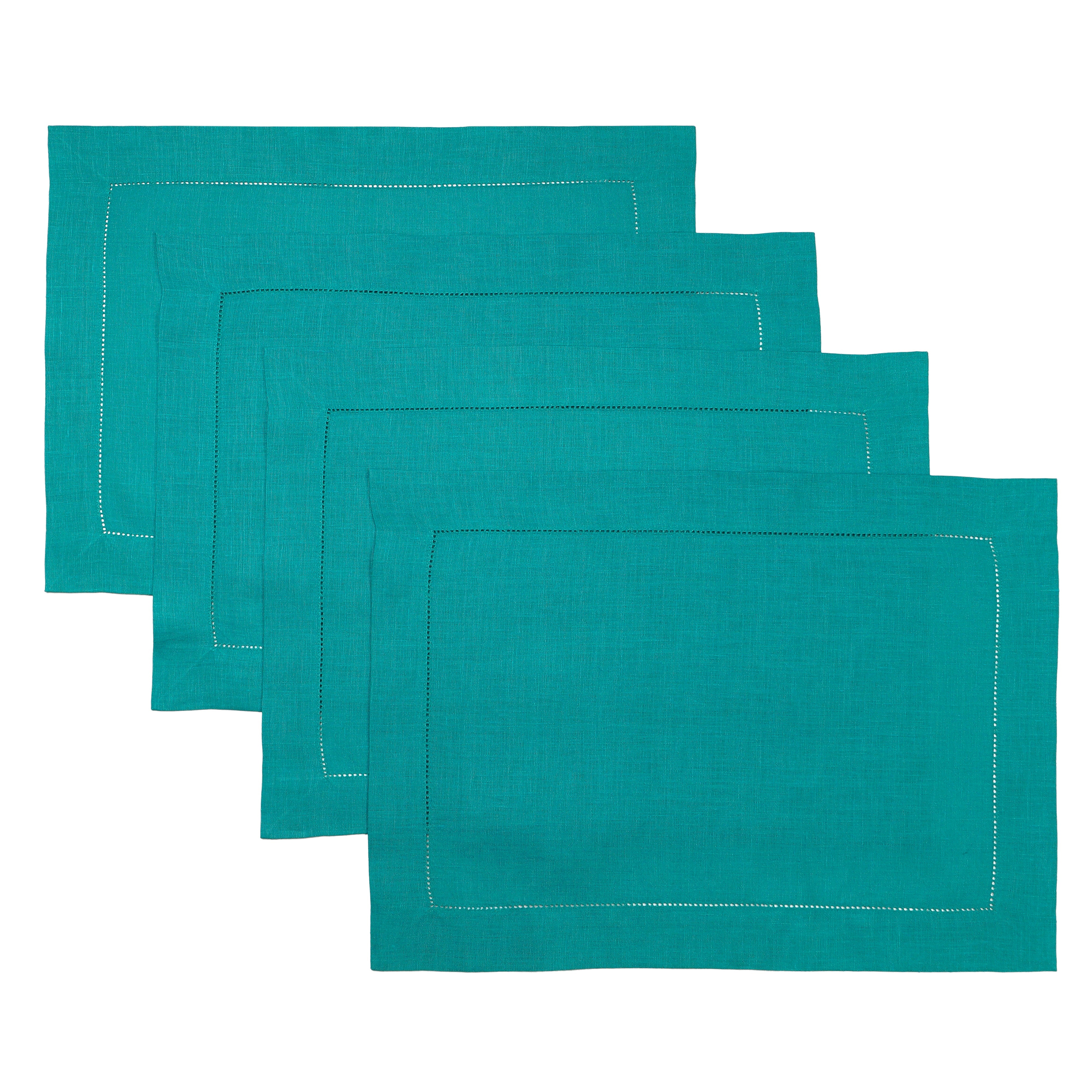 Teal Blue Linen Placemats, Hemstitch, 14 x 19 inch, 4 pcs