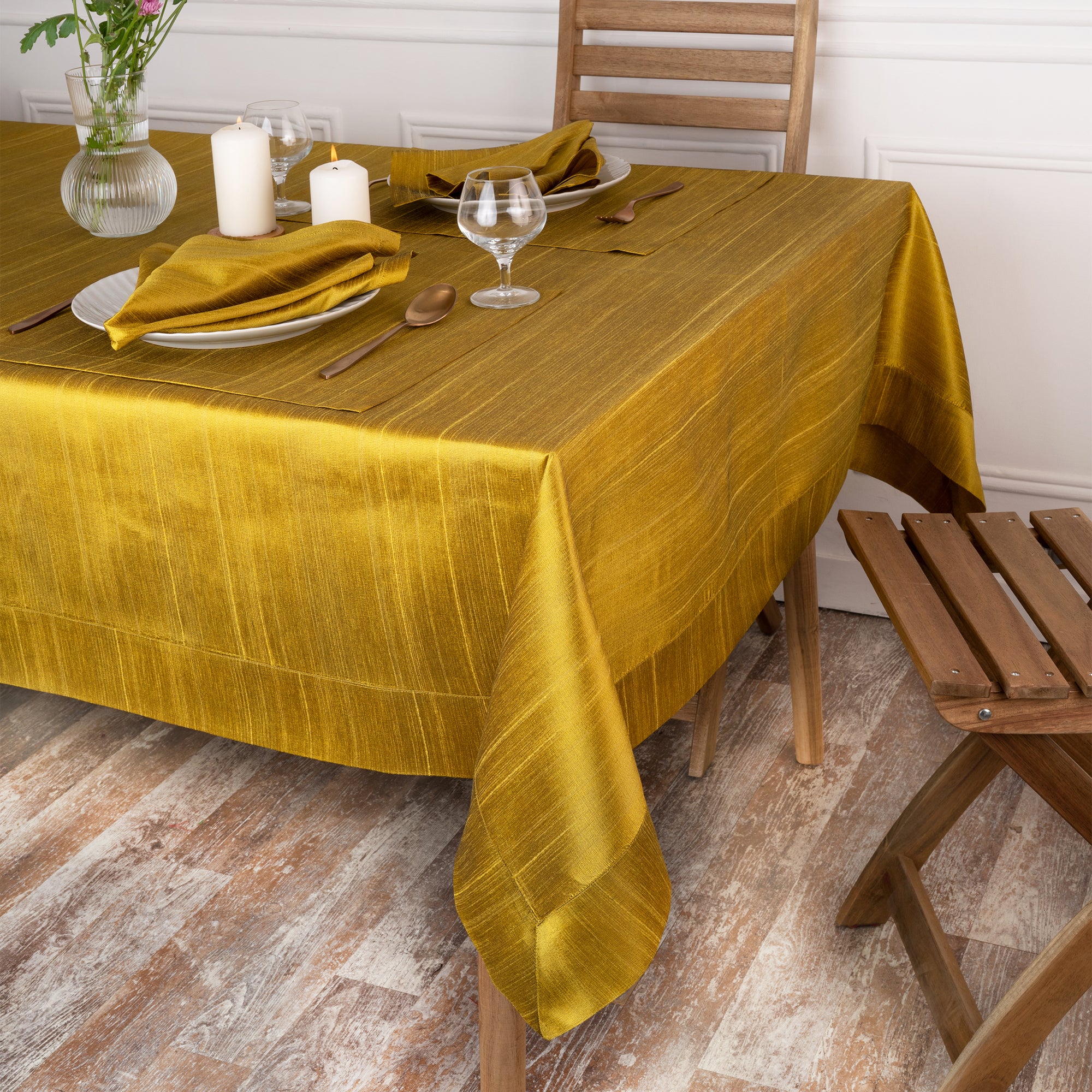 Gold Vegan Silk Tablecloth, Mitered Corner