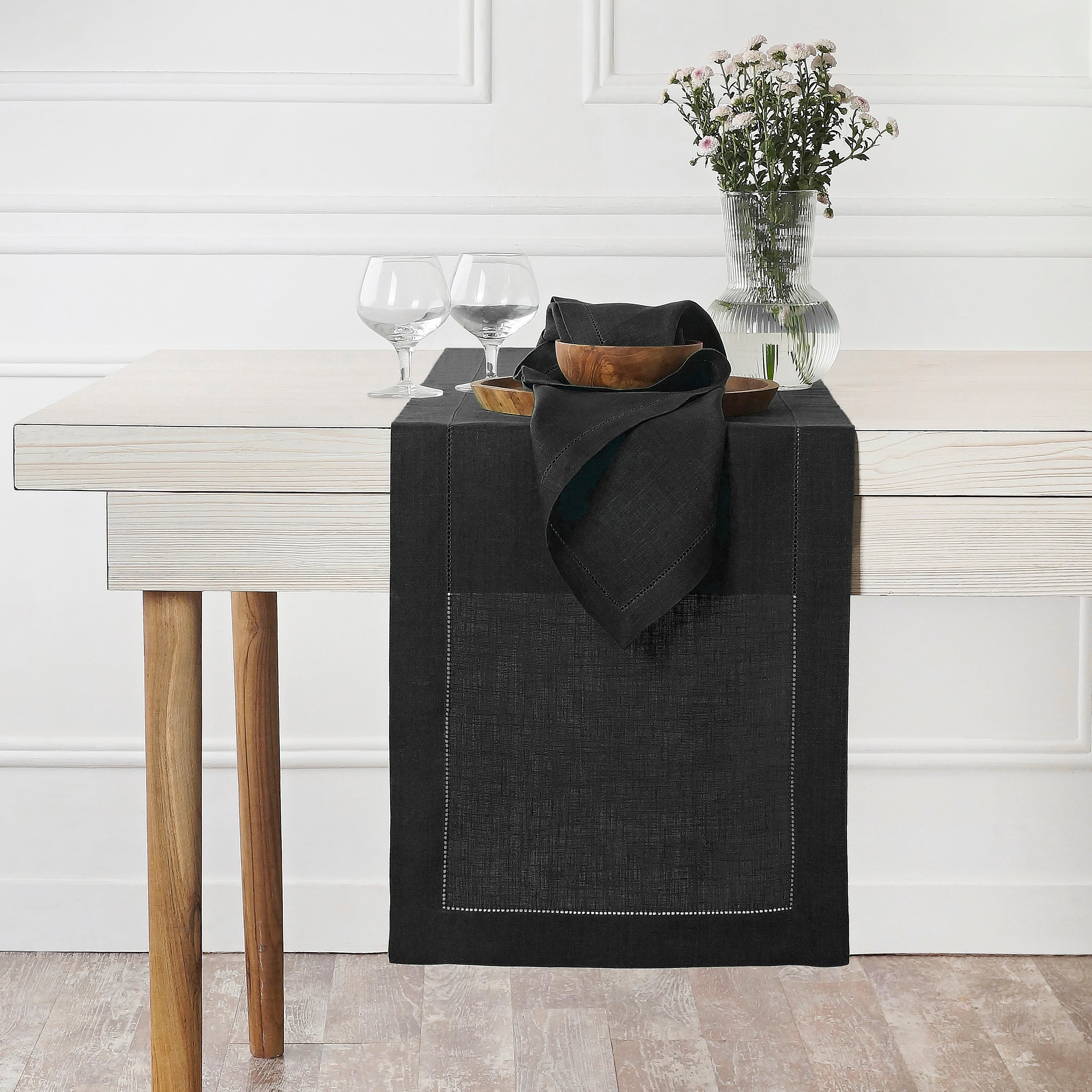 Black Linen Table Runner, Hemstitch