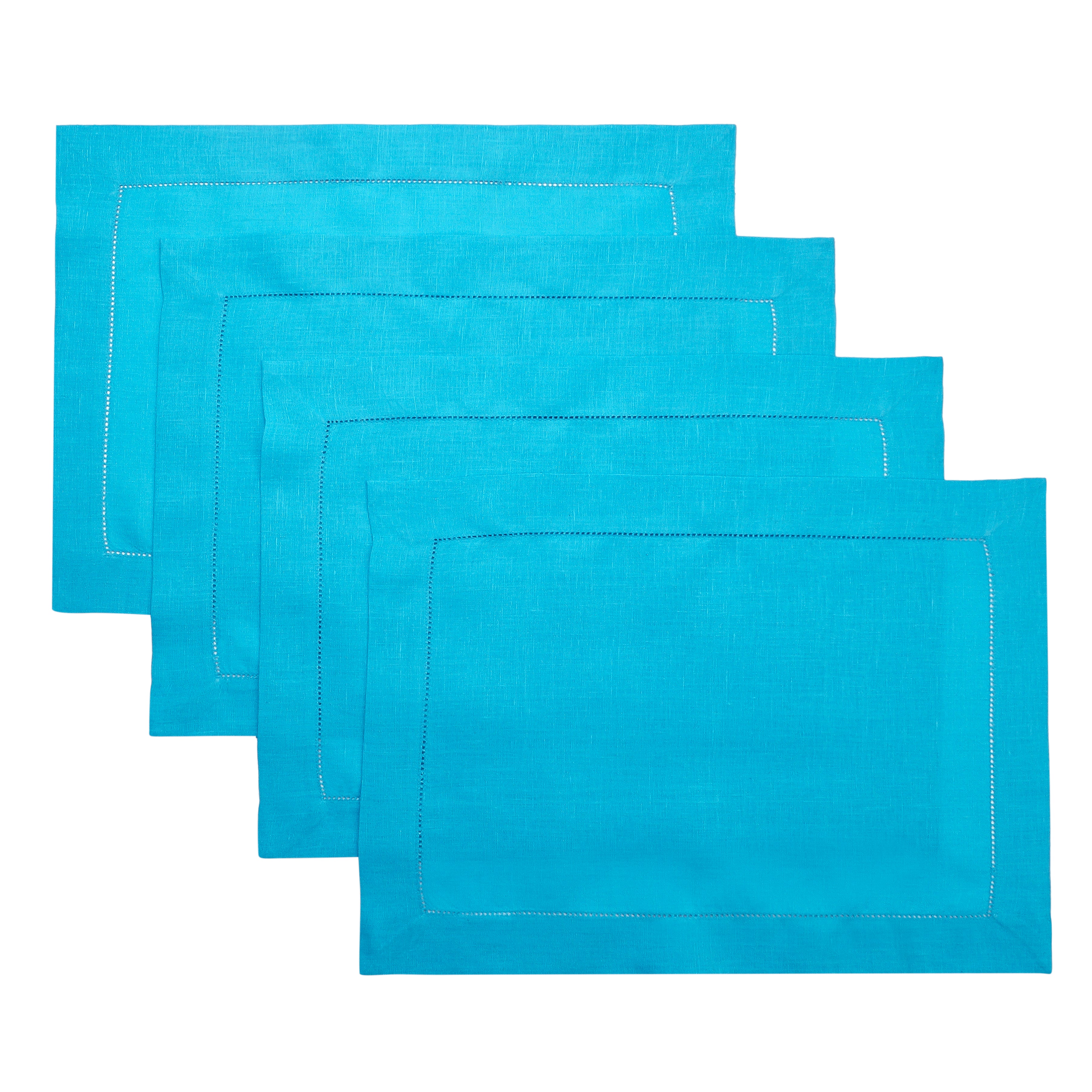 Cyan Blue Linen Placemats, Hemstitch, 14 x 19 inch, 4 pcs