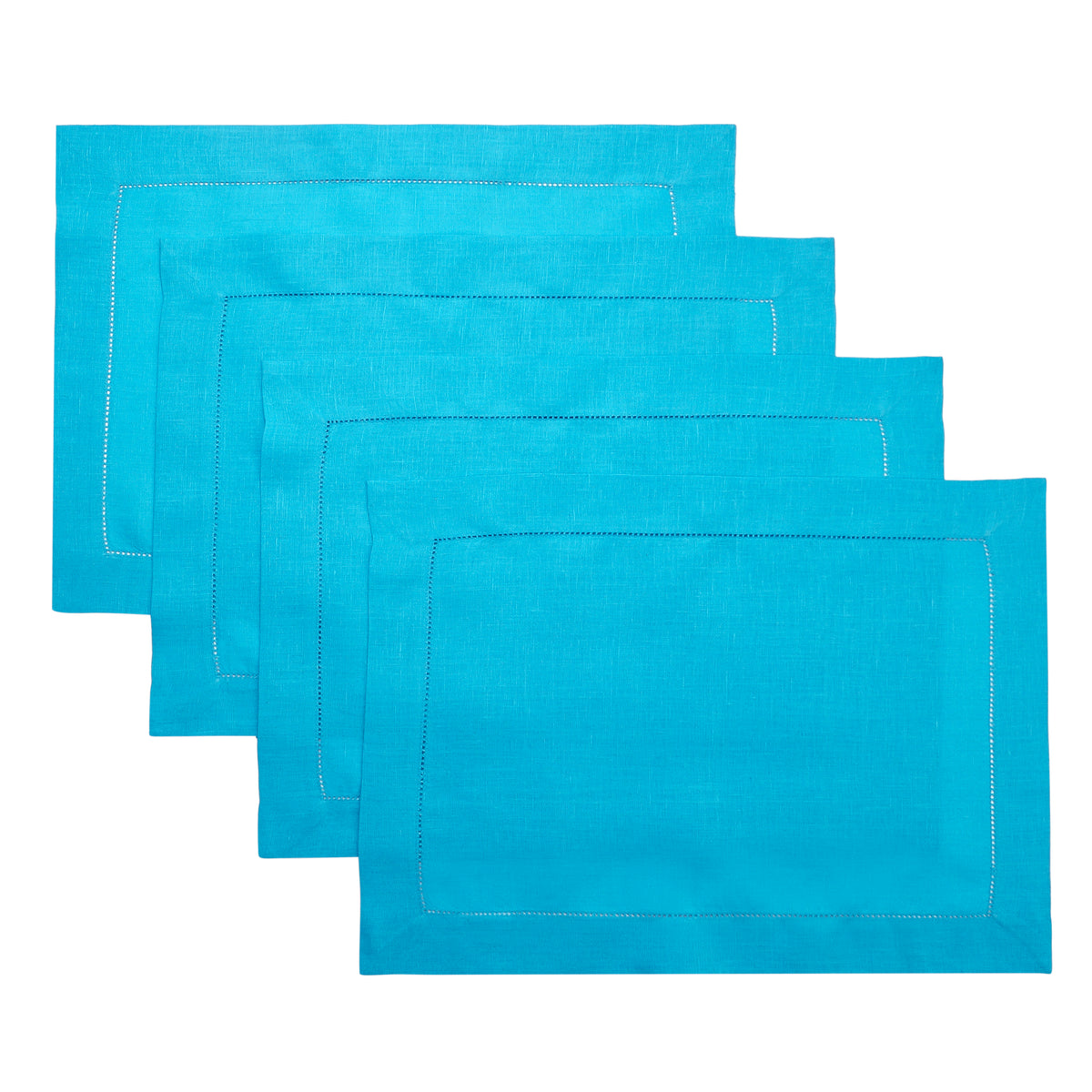 Cyan Blue Linen Placemats 14 x 19 Inch Set of 4 - Hemstitch