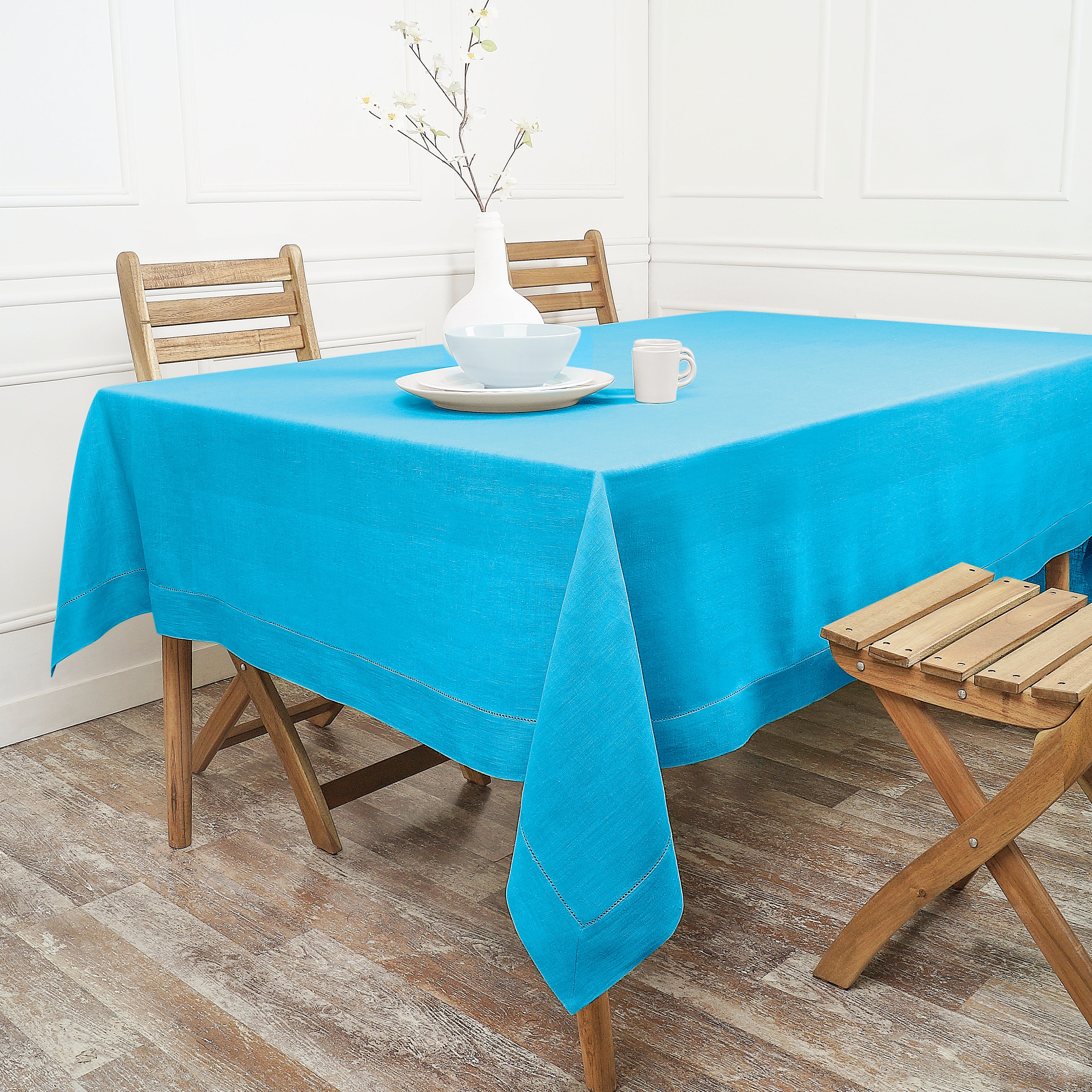 Cyan Blue Linen Tablecloth, Hemstitch