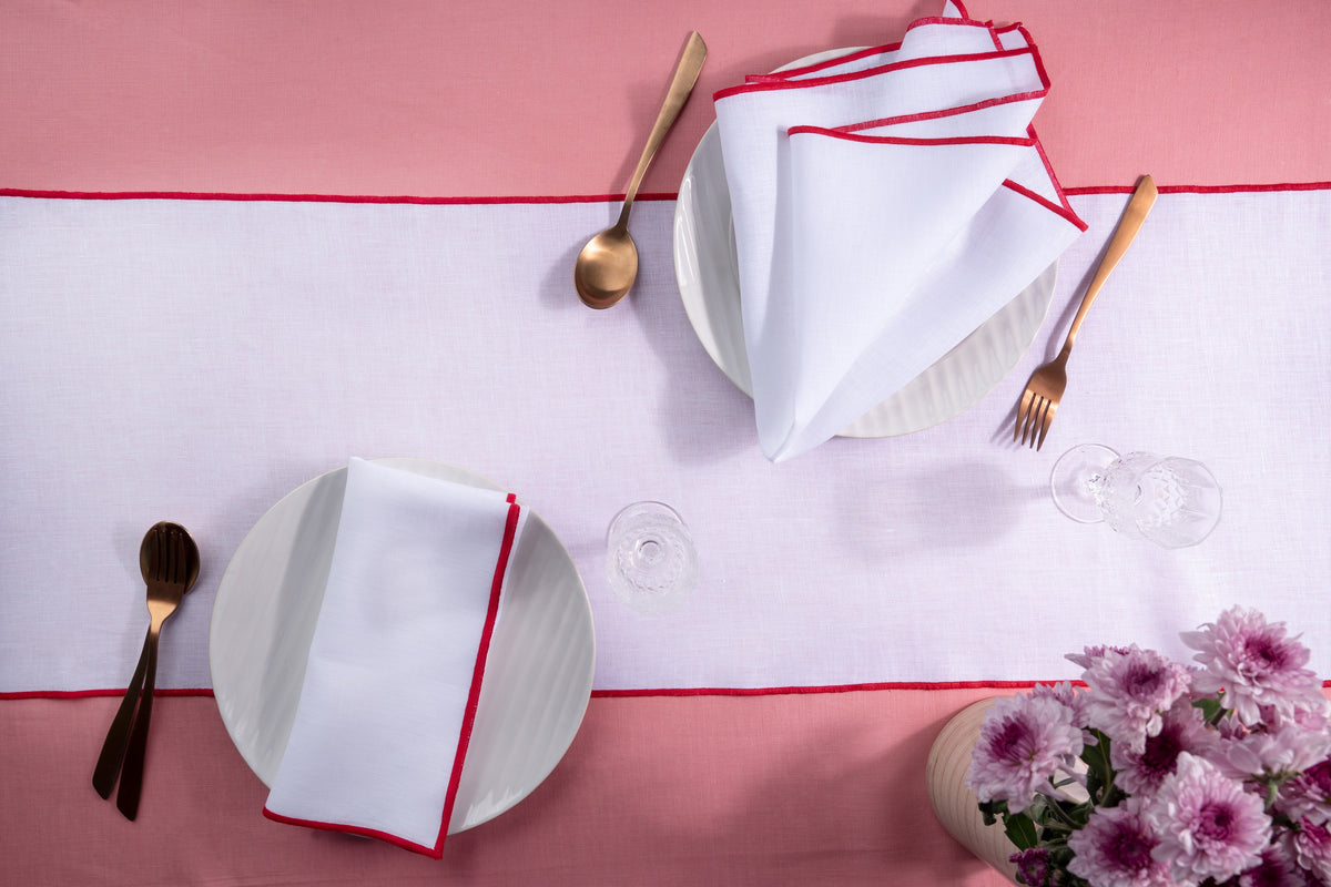 White & Red Linen Table Runner- Marrow Edge