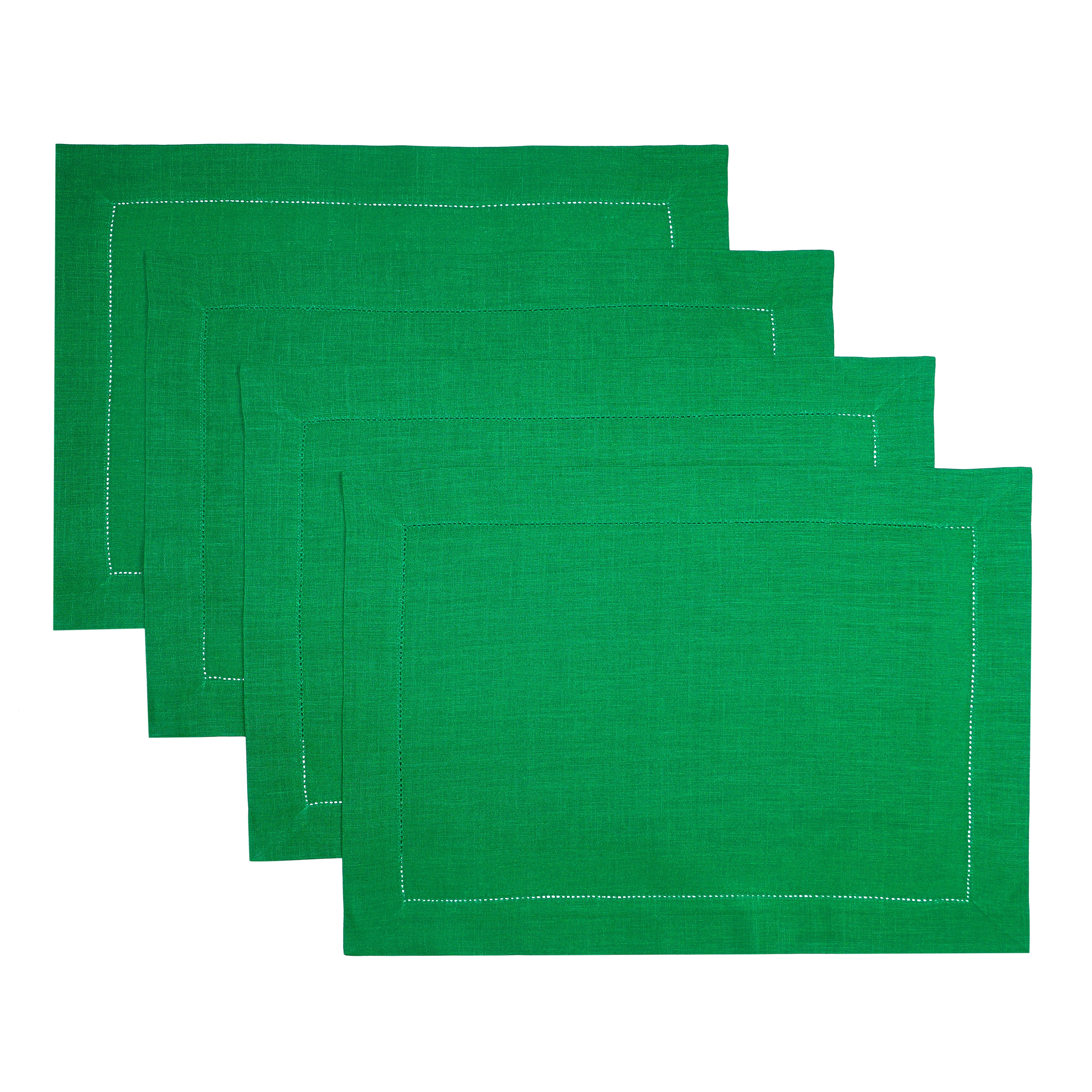 Kelly Green Linen Placemats, Hemstitch, 14 x 19 inch, 4 pcs