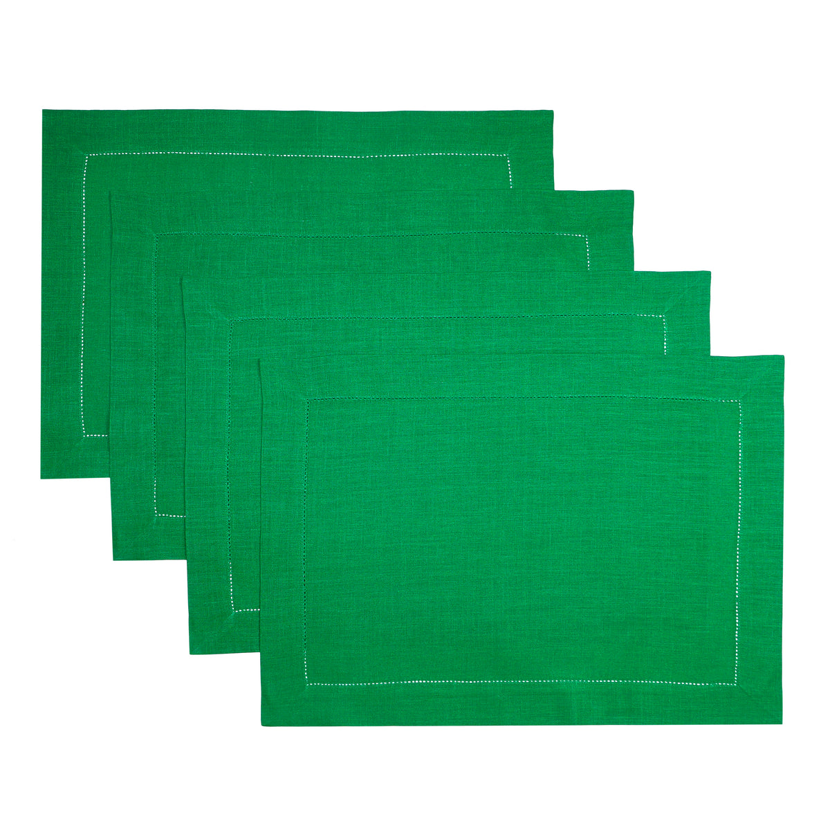 Kelly Green Linen Placemats 14 x 19 Inch Set of 4 - Hemstitch