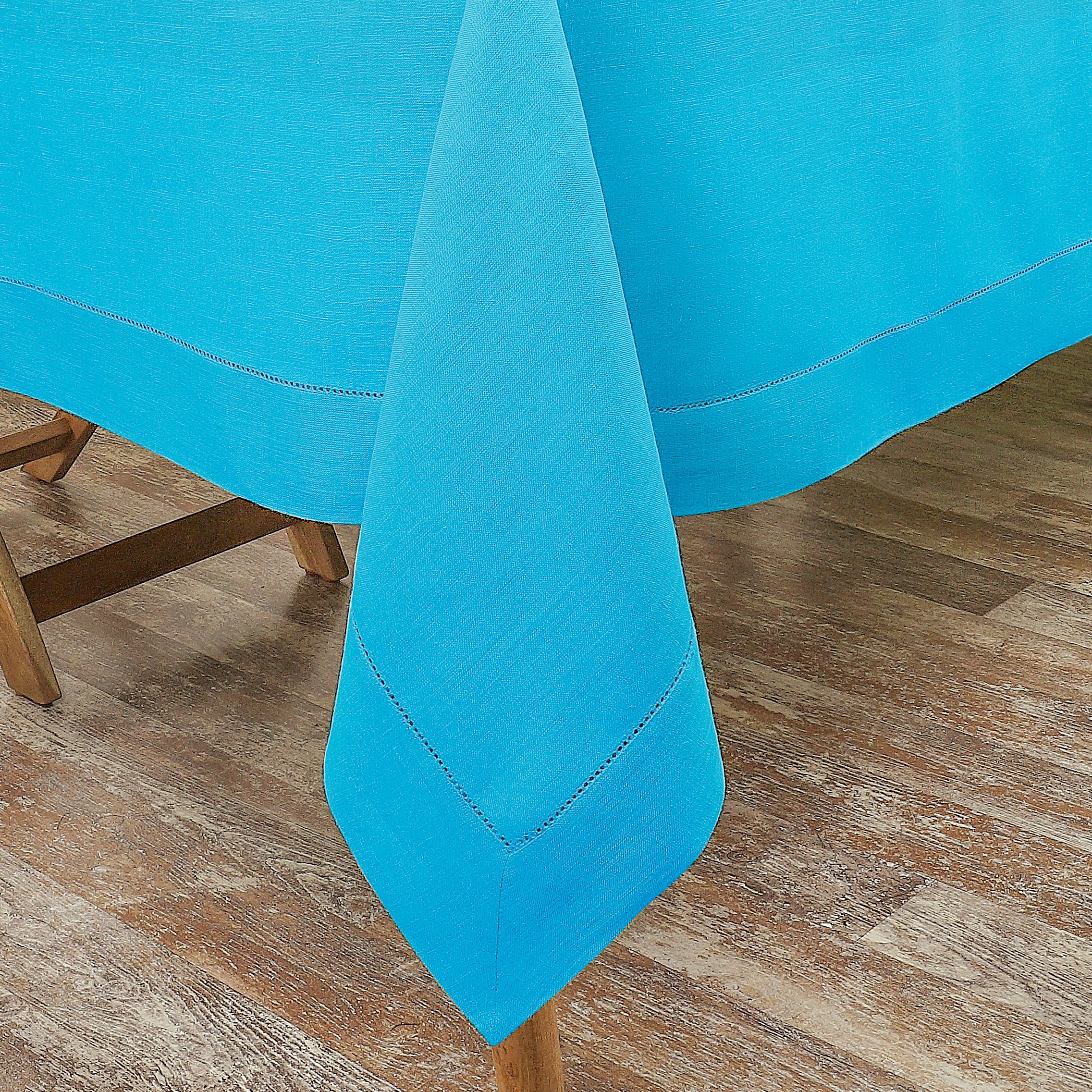 Cyan Blue Linen Tablecloth, Hemstitch