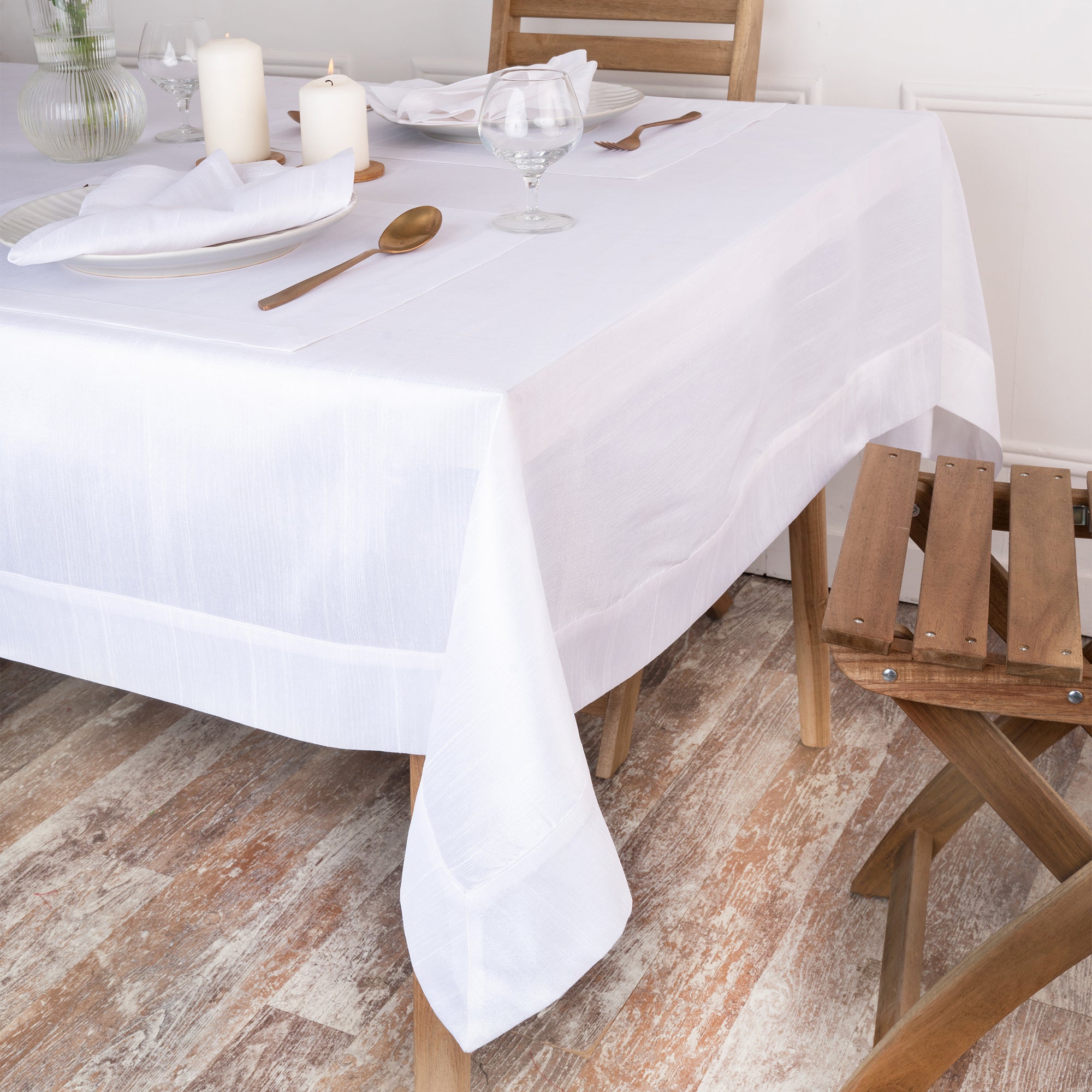 White Vegan Silk Tablecloth, Mitered Corner