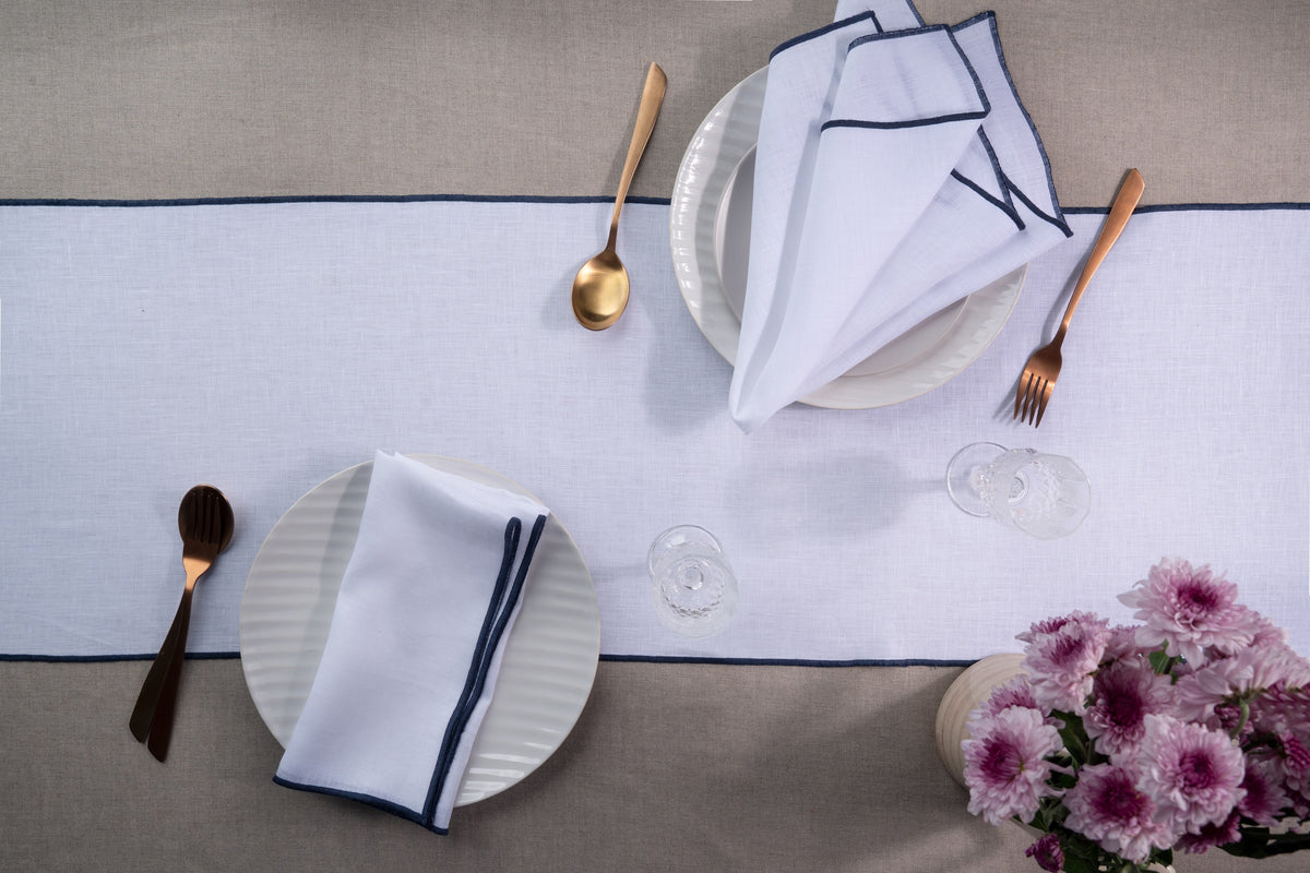 White & Navy Blue Linen Table Runner- Marrow Edge