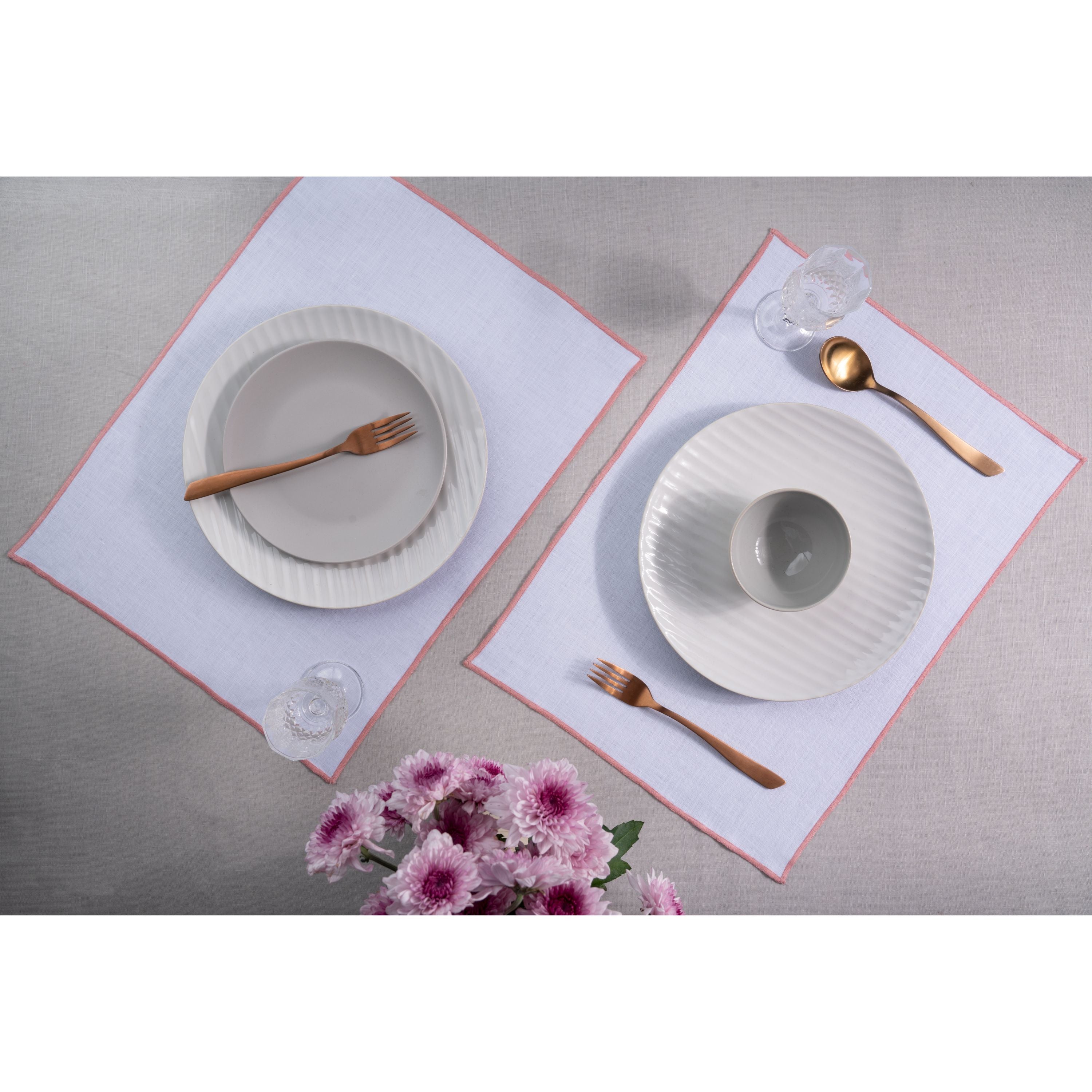 White and Dusty Pink Linen Placemats, Marrow Edge, 14 x 19 inch, 4 pcs