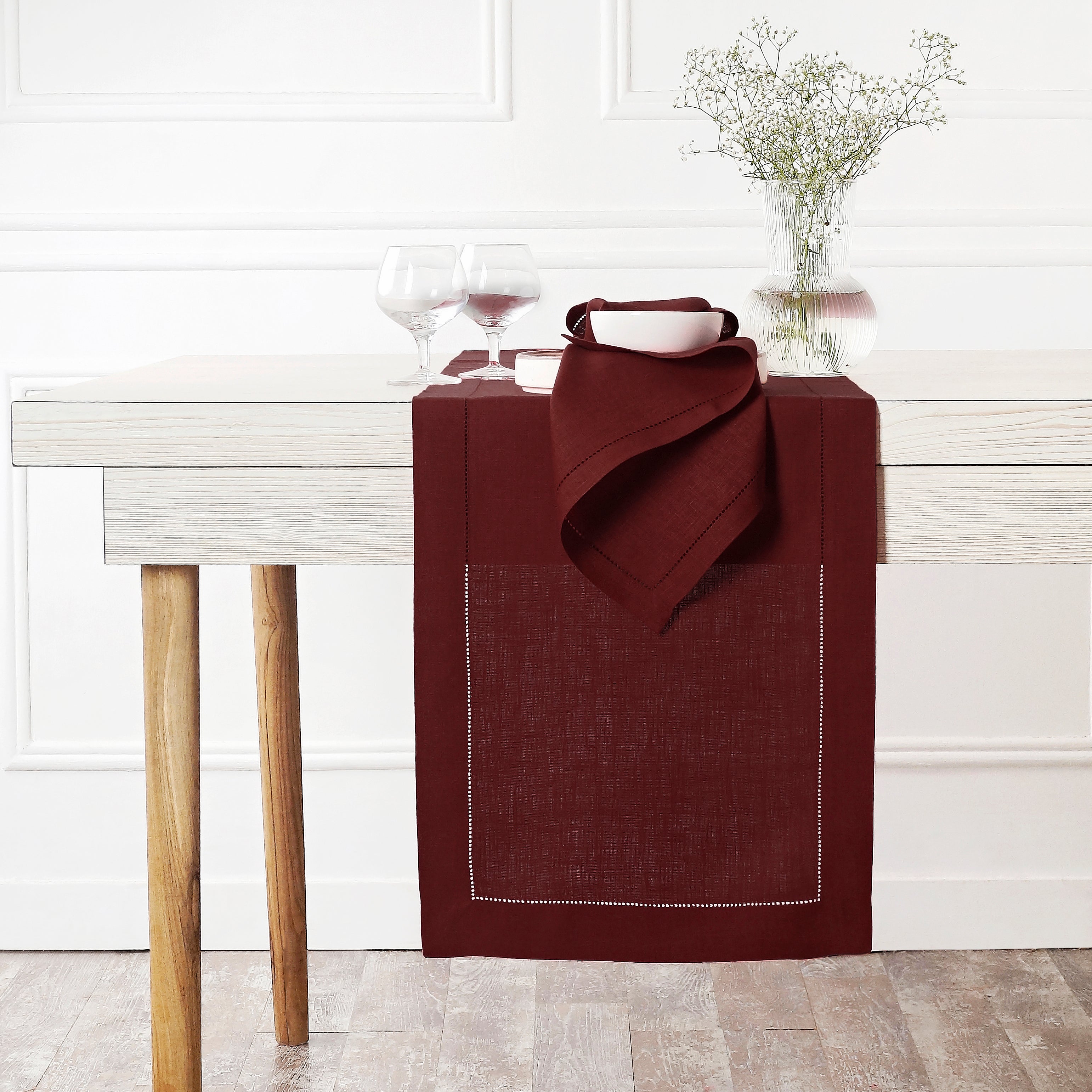 Dark Red Linen Table Runner, Hemstitch