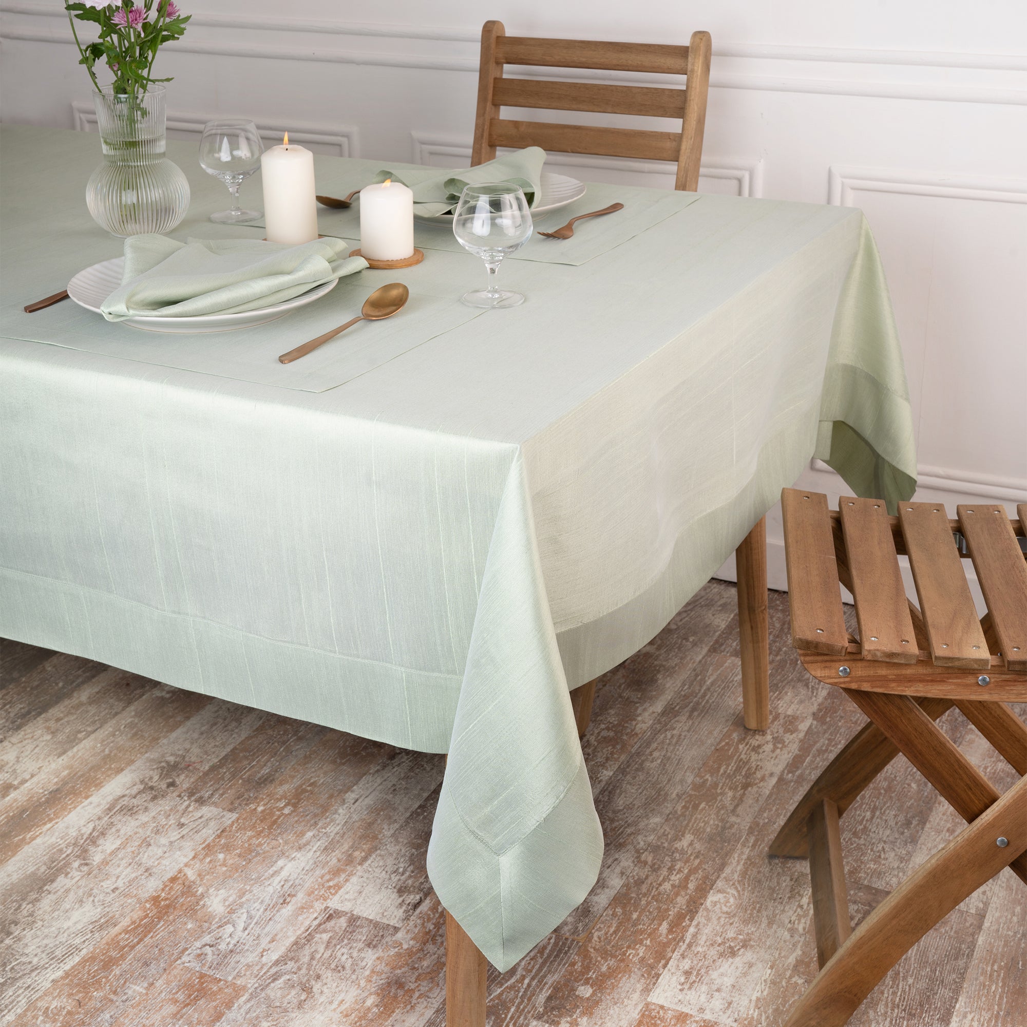 Sage Green Vegan Silk Tablecloth, Mitered Corner