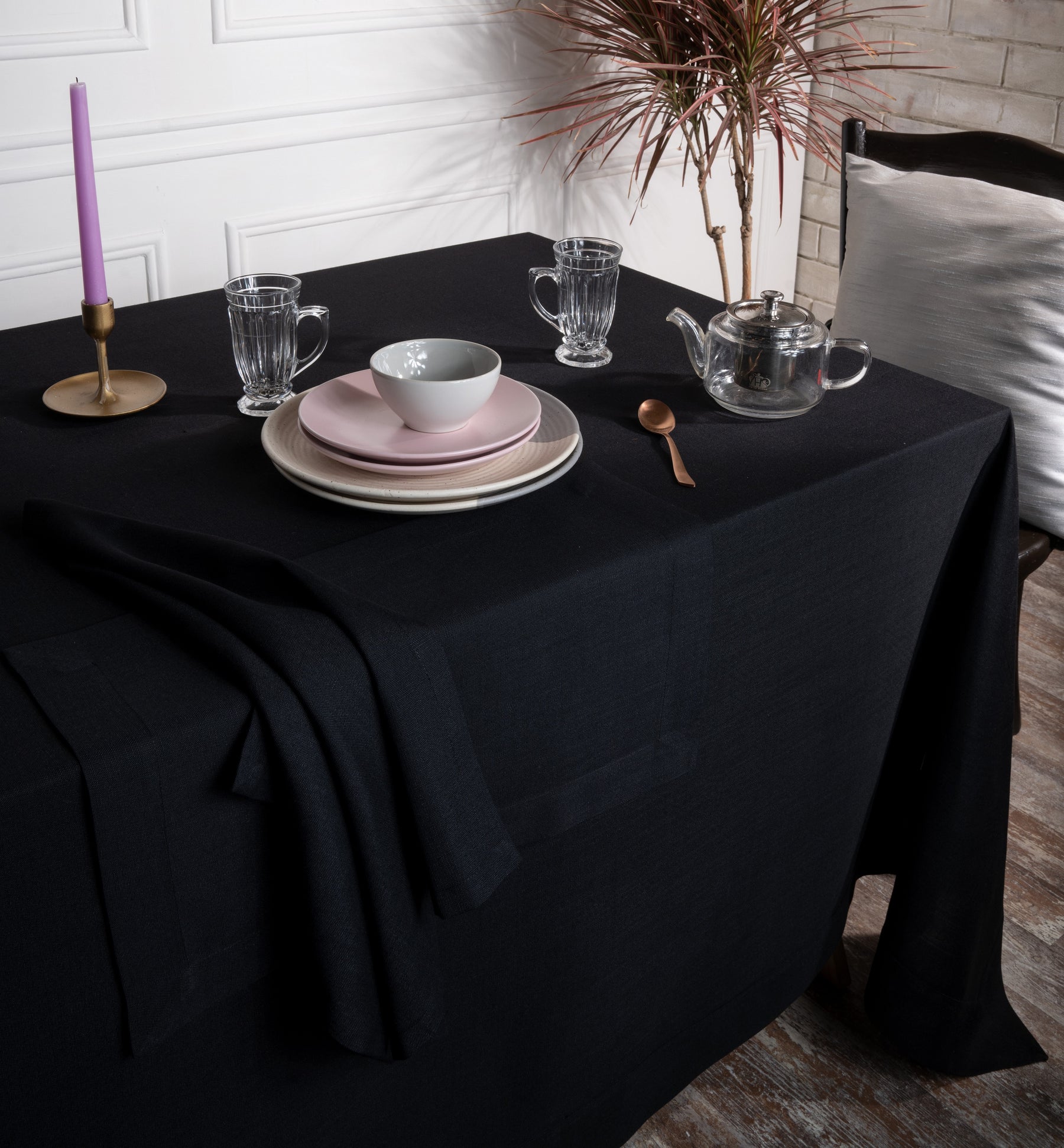 Black Linen Textured Tablecloth - Mitered Corner