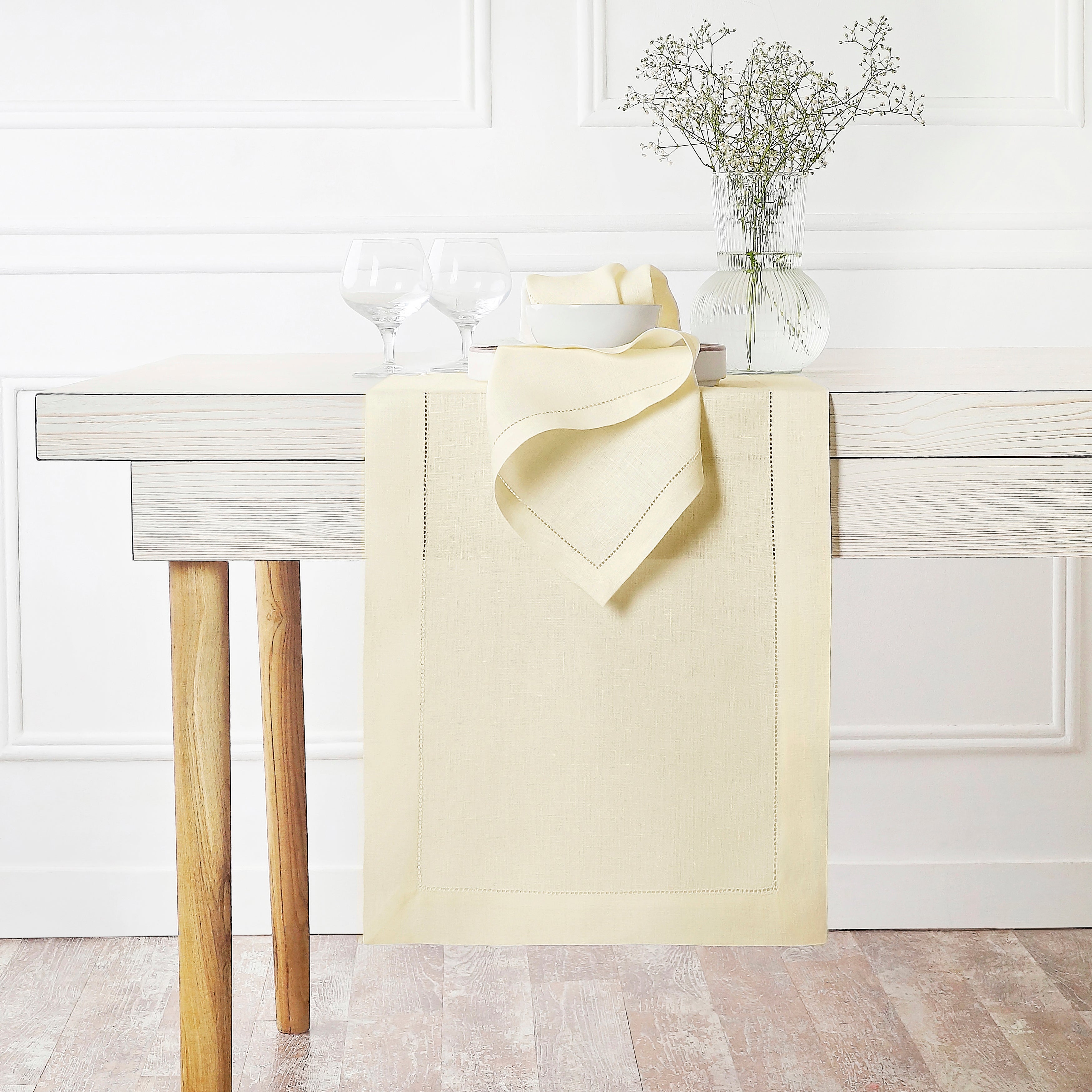 Cream Pure Linen Table Runner - Hemstitch