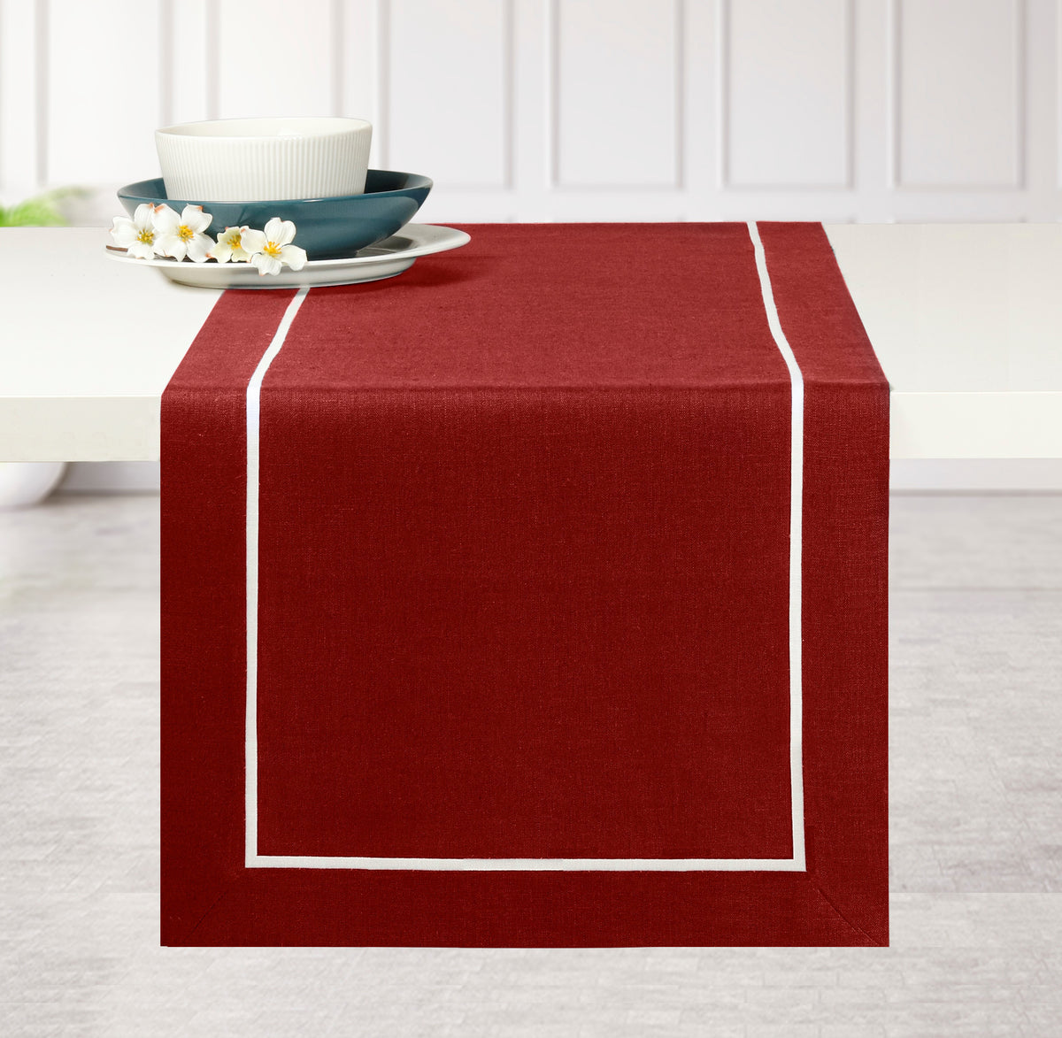 Red & White Linen Table Runner - Reversible
