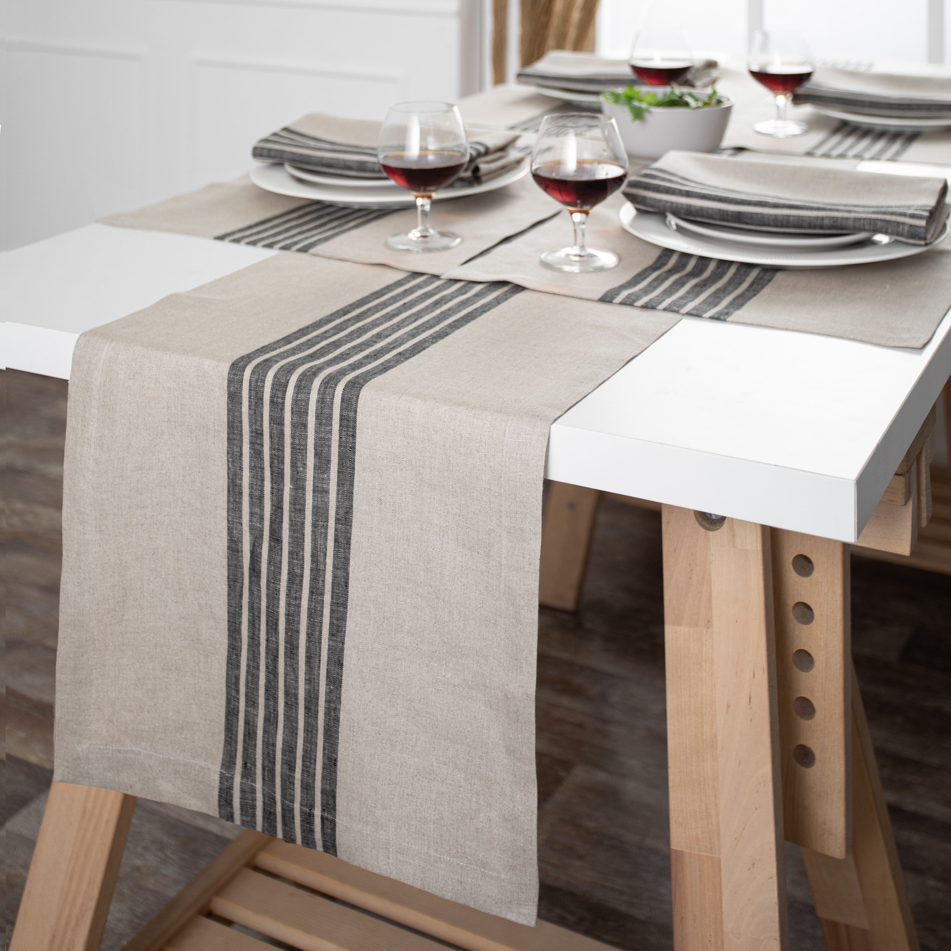 Natural and Black Linen Table Runner, Farmhouse