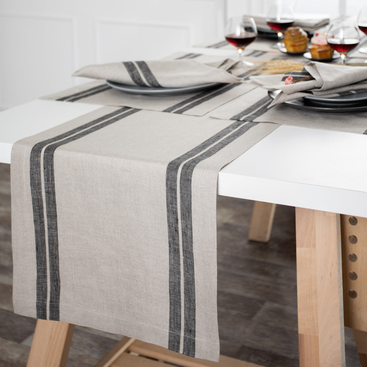 Natural & Black French Stripe Linen Table Runner
