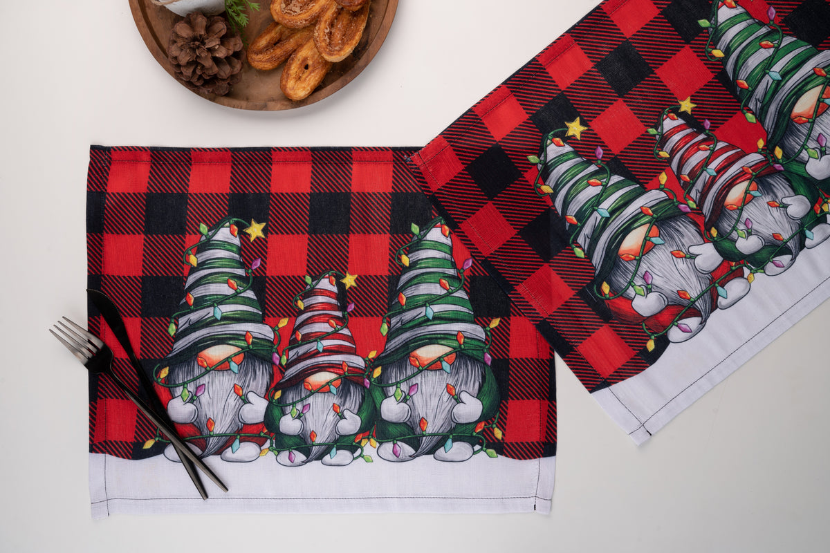 Gnomes Plaid Raw Silk Textured Placemats 13 x 18 Inch Set of 4 - Christmas Print