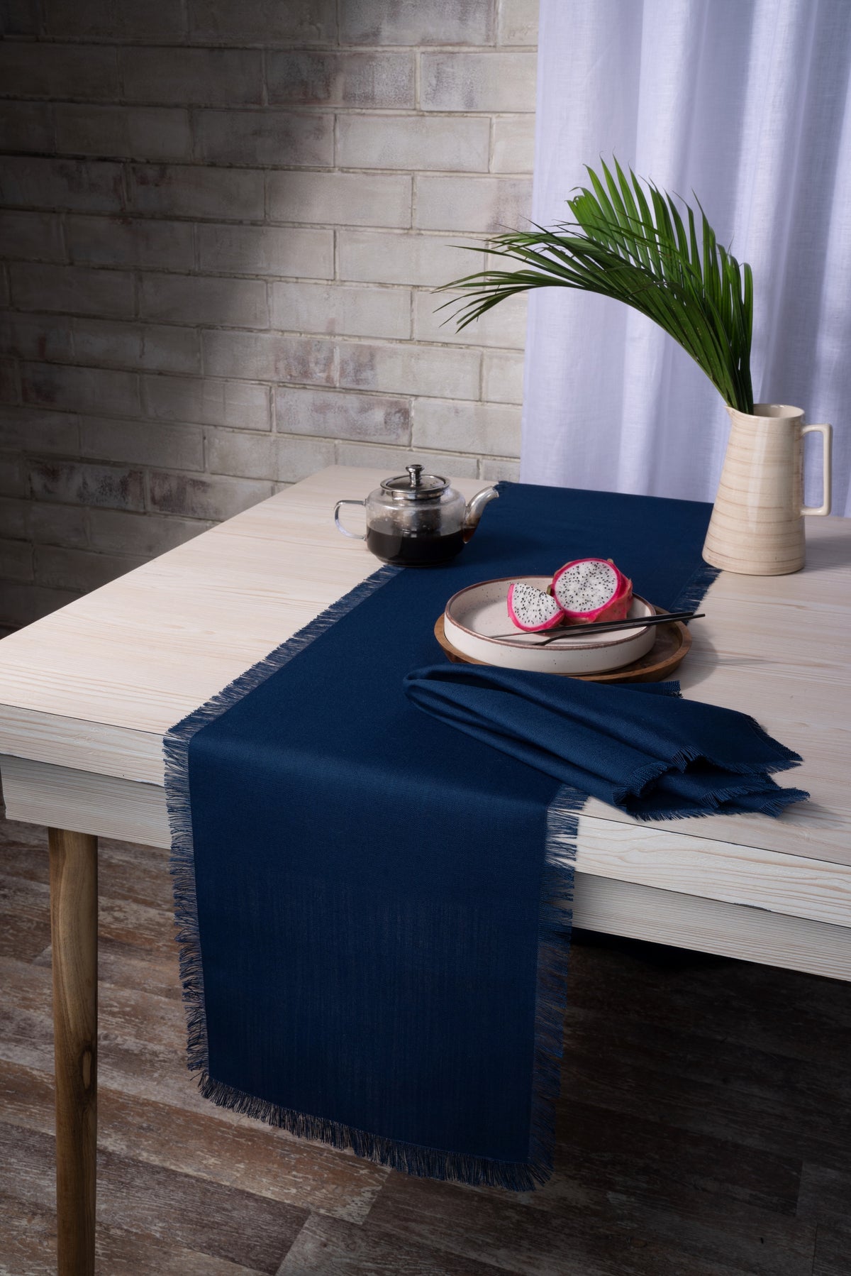 Navy Blue Linen Textured Table Runner - Fringe
