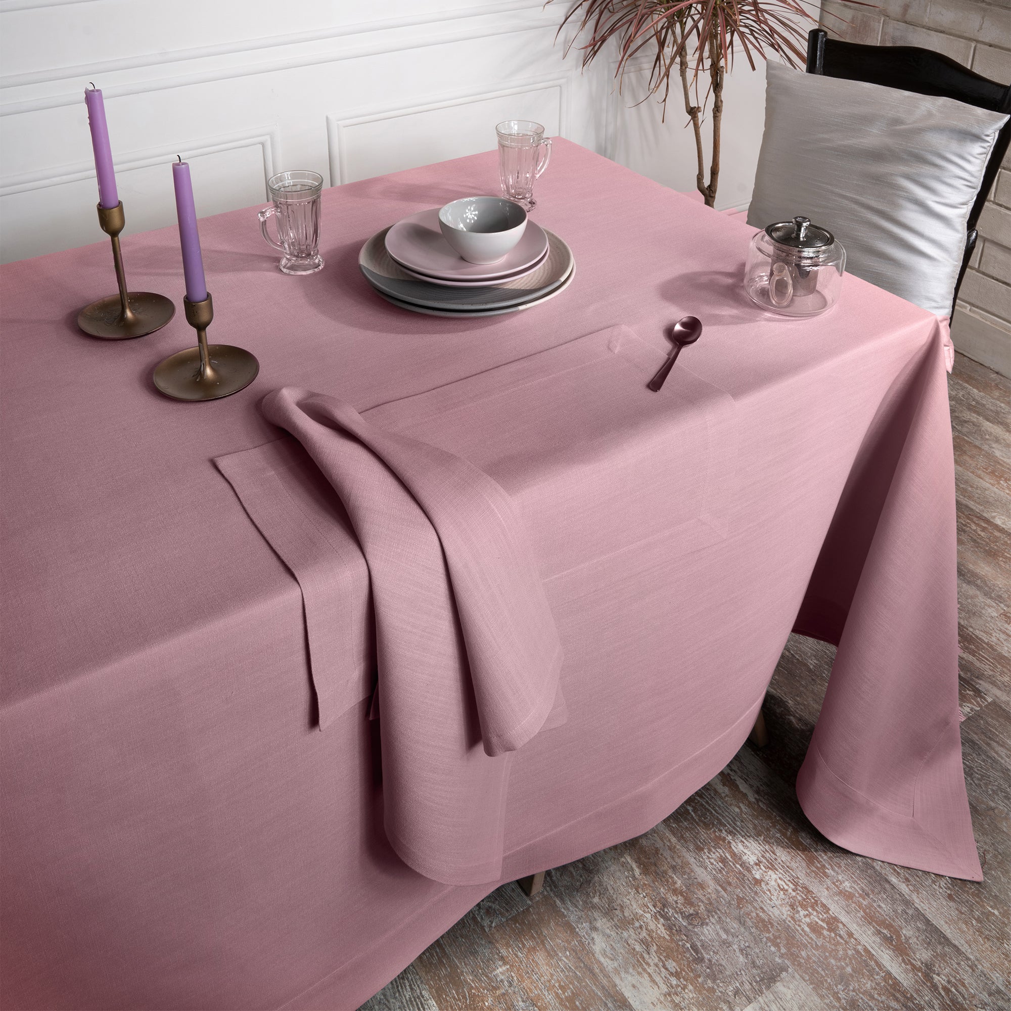 Dusty Pink Tablecloth, Faux Linen, Mitered Corner