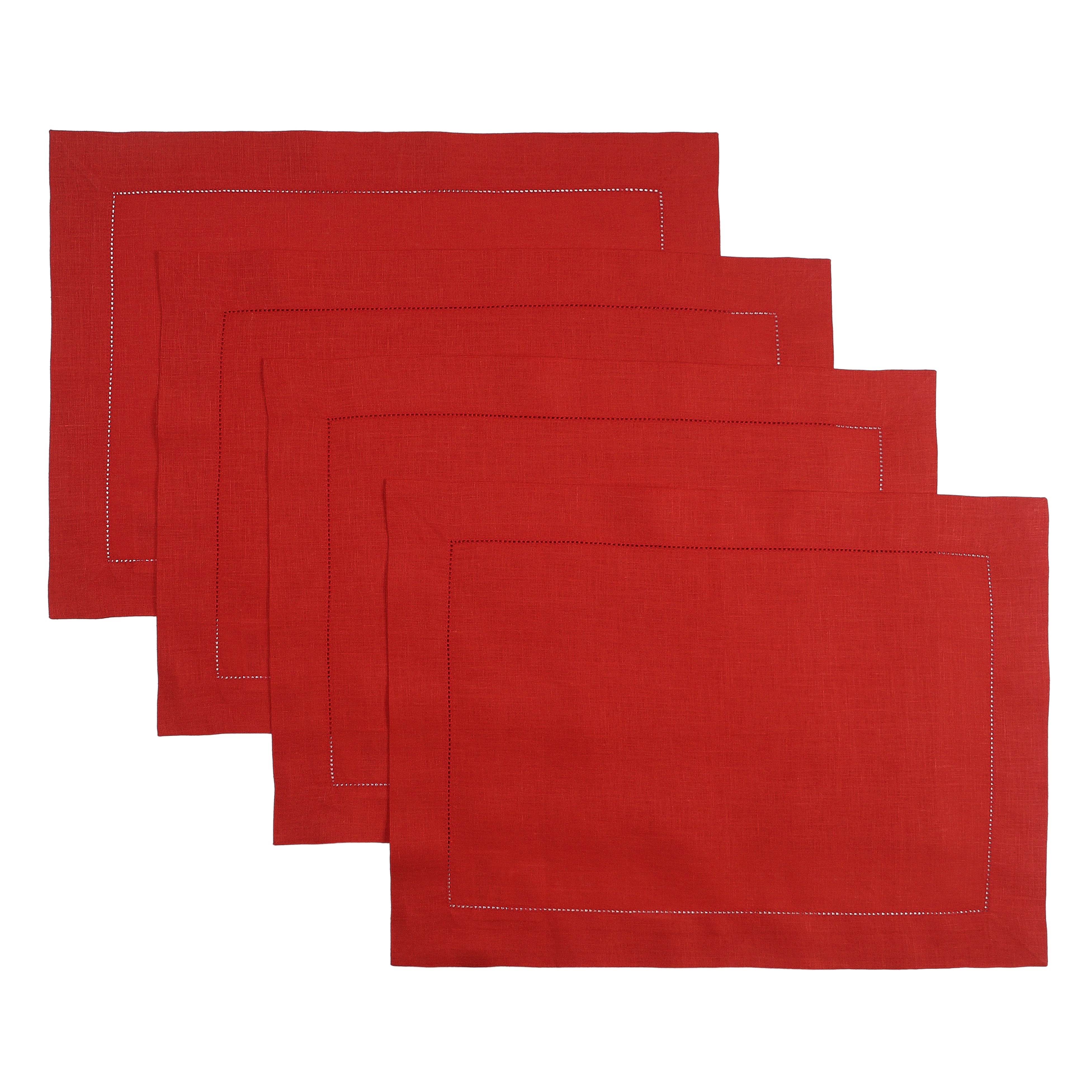 Bright Red Linen Placemats, Hemstitch, 14 x 19 inch, 4 pcs