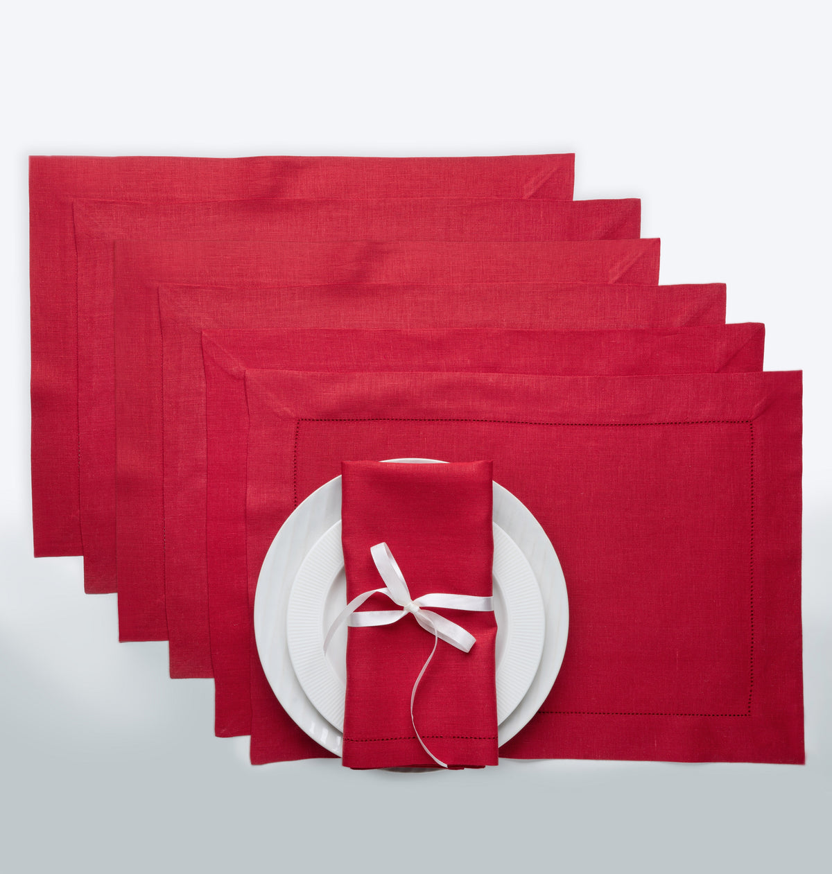 Red Linen Placemats | 14 x 19 Inch Set Of 6 | Hemstitch