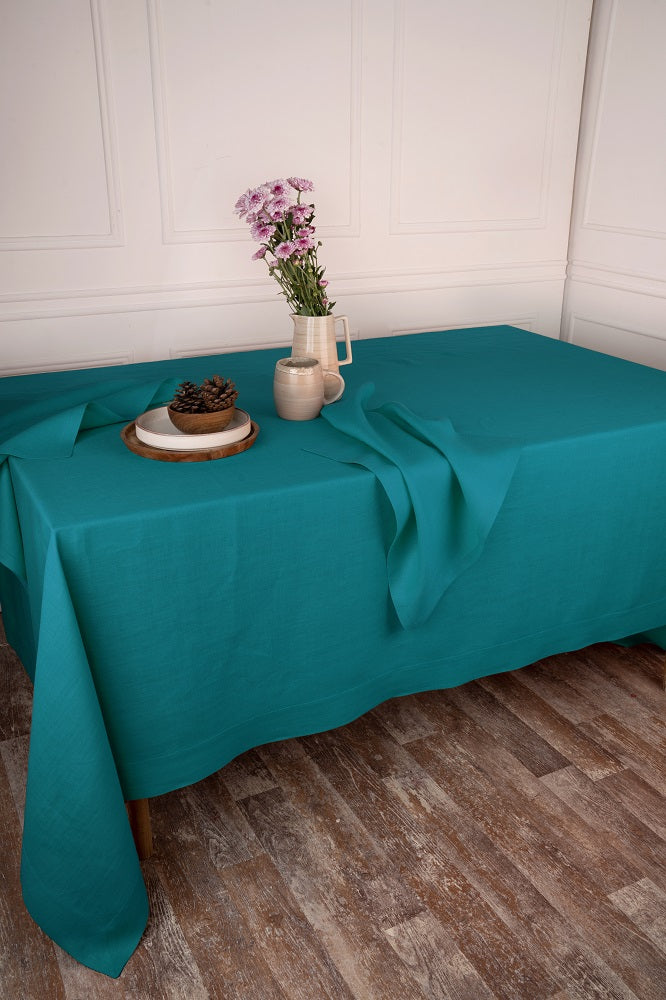 Teal Blue Linen Tablecloth - Hemmed