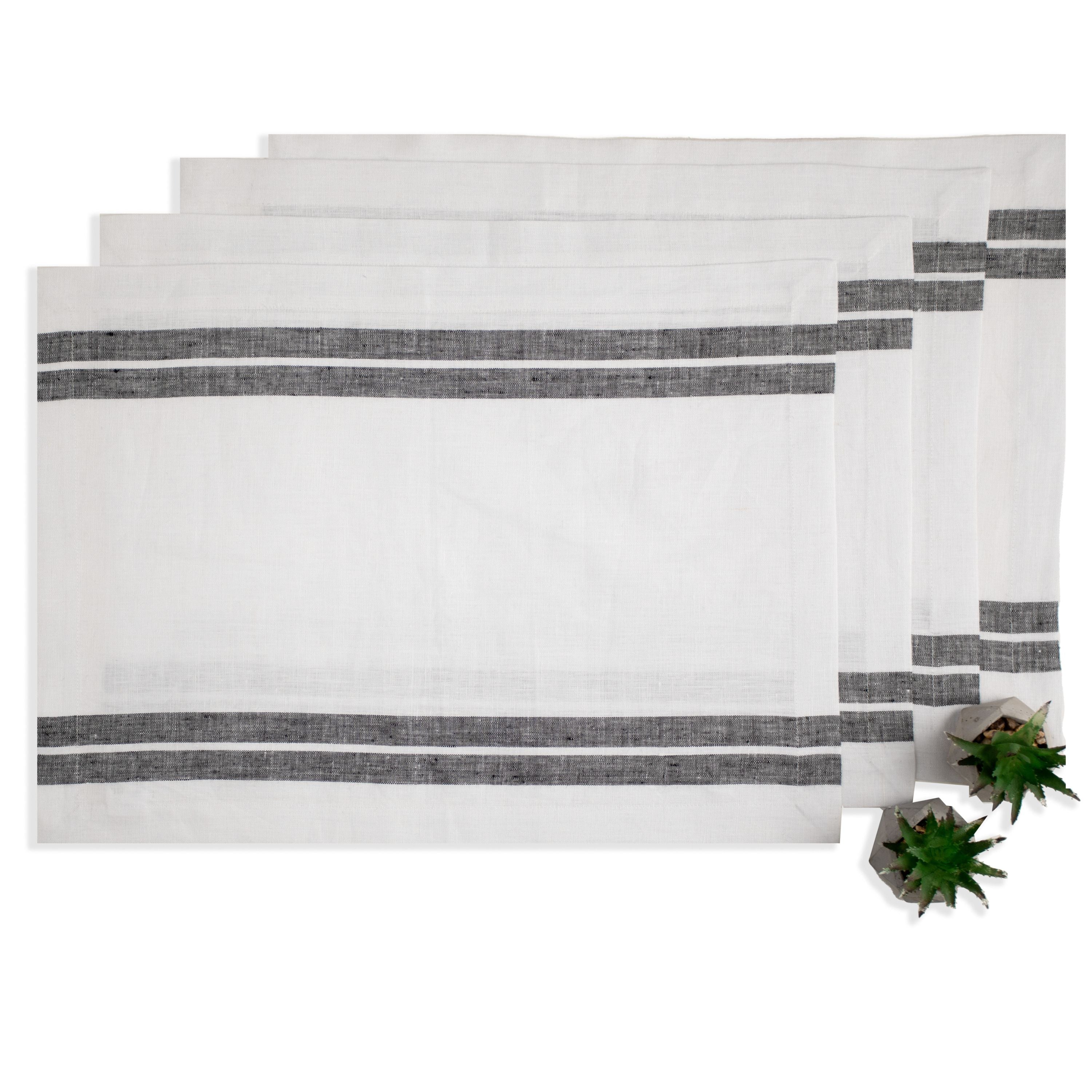 White and Black Linen Placemats, French Stripe, 14 x 19 inch, 4 pcs