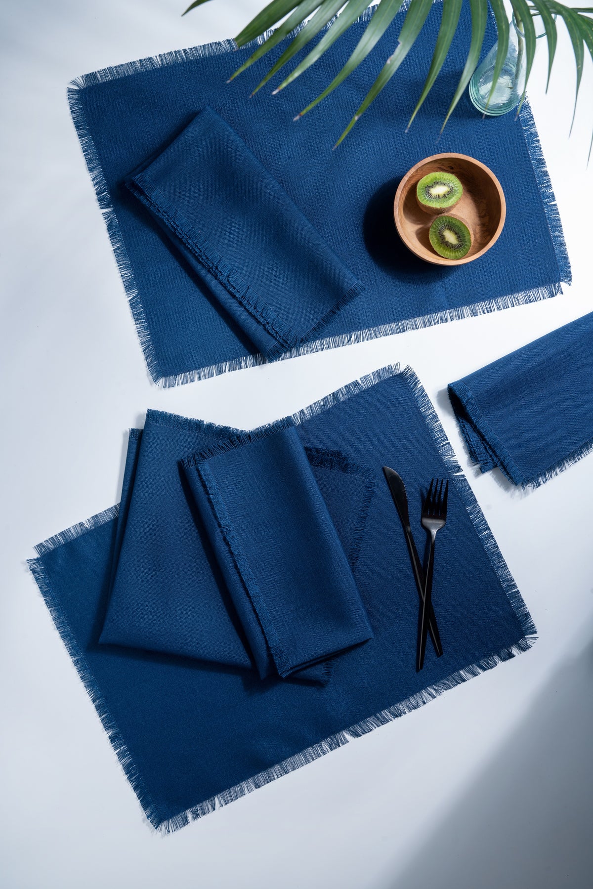 Navy Blue Linen Look Recycled Fabric Fringe Placemats