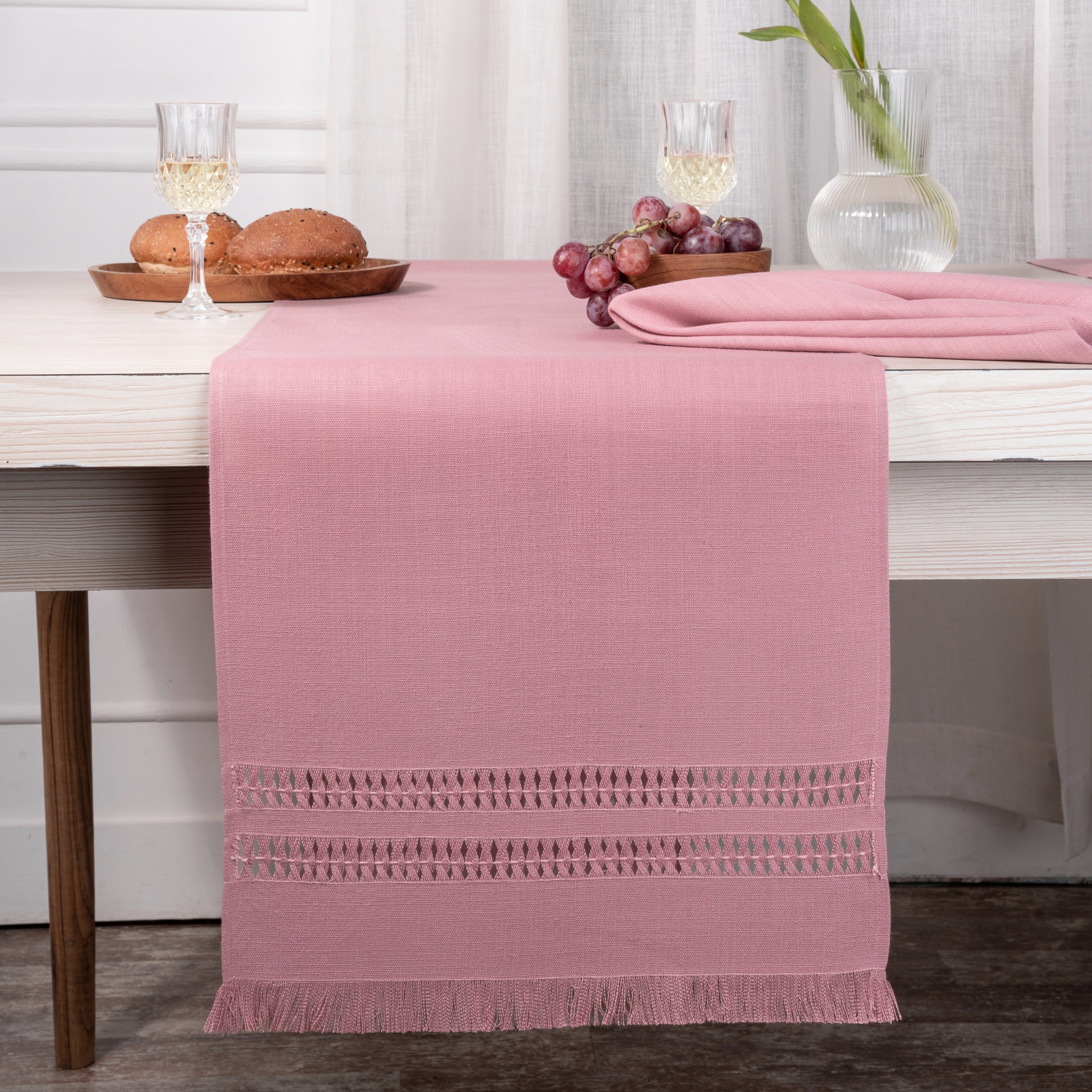 Dusty Pink Table Runner, Faux Linen, Hand Hemstitch