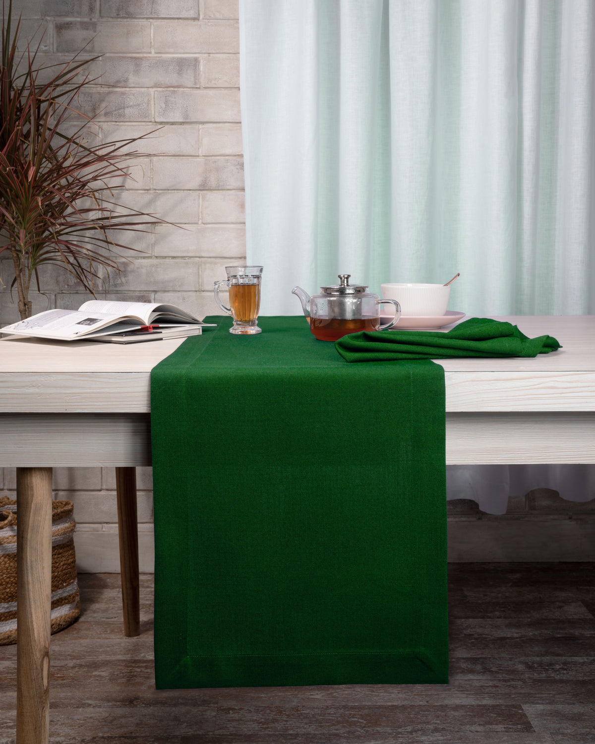 Eden Green Linen Textured Table Runner - Mitered Corner