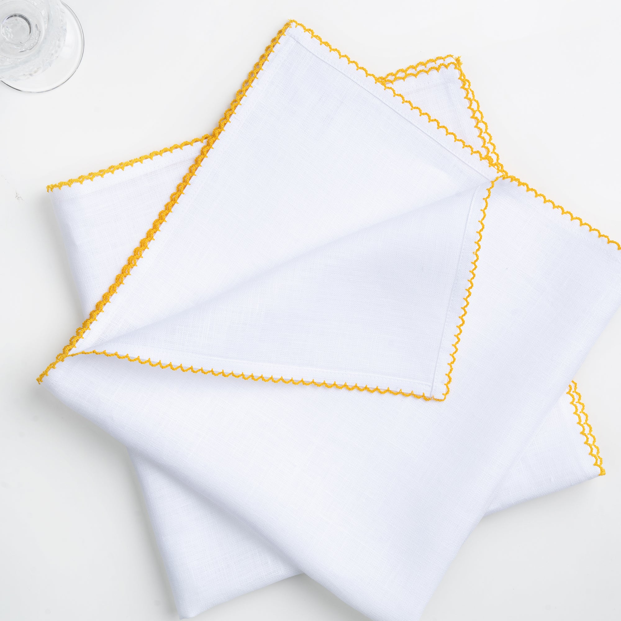 White and Yellow Linen Napkins, Whipstitch, 20 x 20 inch, 4 pcs