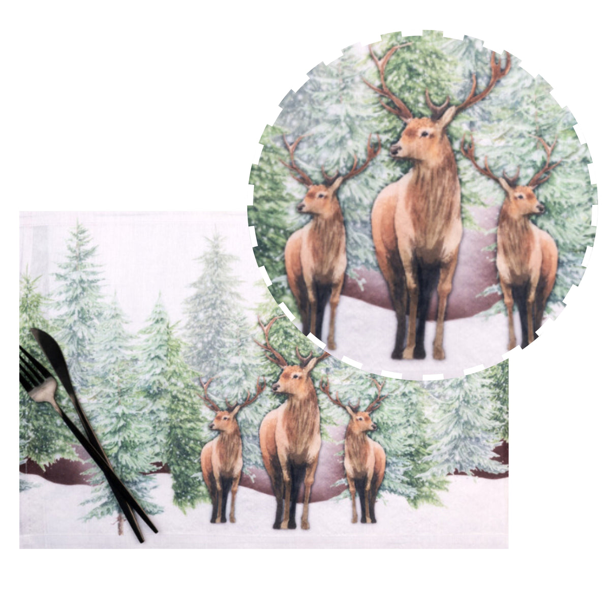 Reindeer & Pine Tree Vegan Silk Placemats 13 x 18 Inch Set of 4 - Christmas Print